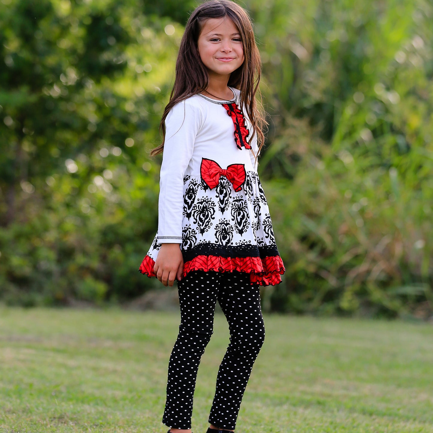 AnnLoren Girls Winter Damask Holiday Polka Dot Herringbone Dress Tunic & Leggings Set