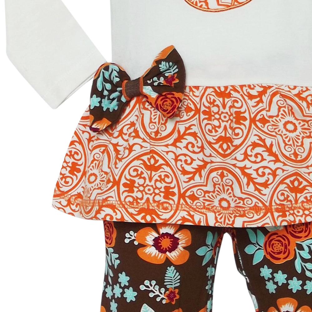Big Girls Orange Pumpkin Autumn Floral Thanksgiving Tunic & Ruffle Pants Outfit