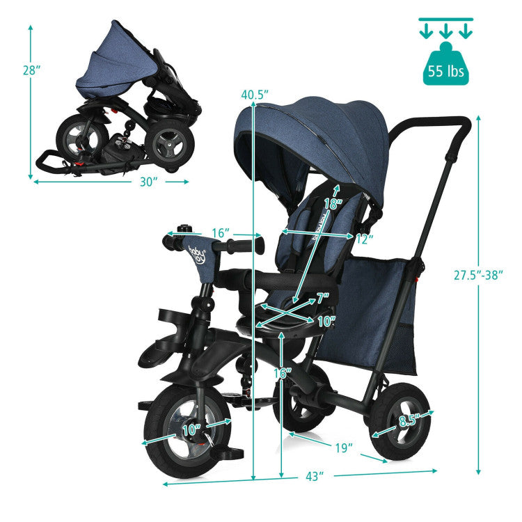 7-In-1 Baby Folding Tricycle Stroller with Rotatable Seat