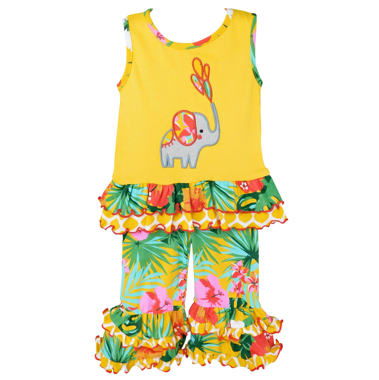 AnnLoren Big Little Girls Yellow Elephant Tunic & Tropical Hibiscus Capri Ruffle Pants Set Toddler Boutique Clothing