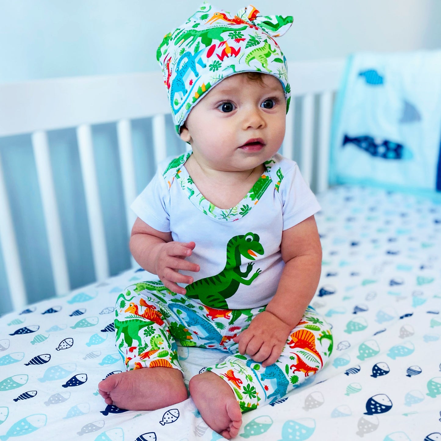 AnnLoren Baby Layette Boys Dinosaur Onesie Pants Cap 3pc Gift Set Clothing Sizes 3M - 18M