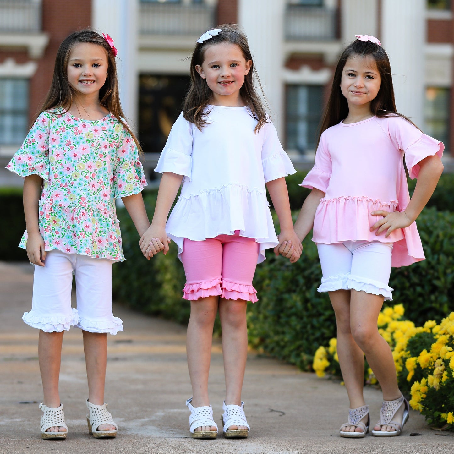 AnnLoren Little & Big Girls 3/4 Angel Sleeve Pink Green Floral Cotton Knit Ruffle Shirt