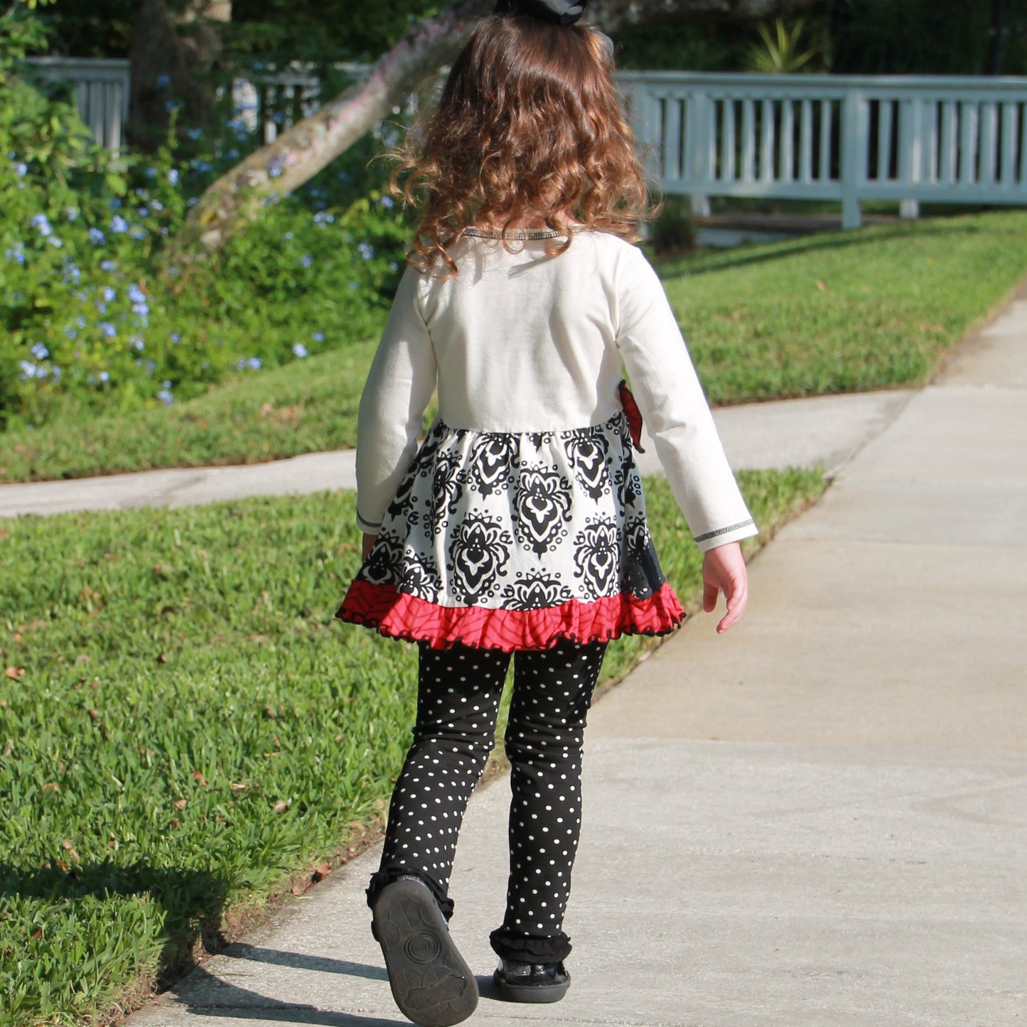 AnnLoren Girls Winter Damask Holiday Polka Dot Herringbone Dress Tunic & Leggings Set