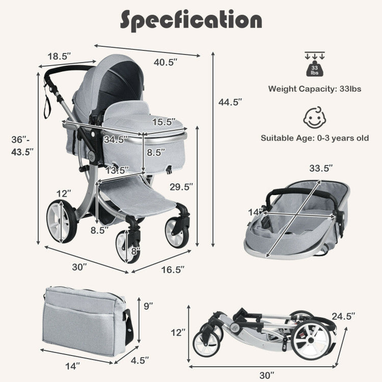 2-in-1 Foldable High Landscape Baby Stroller