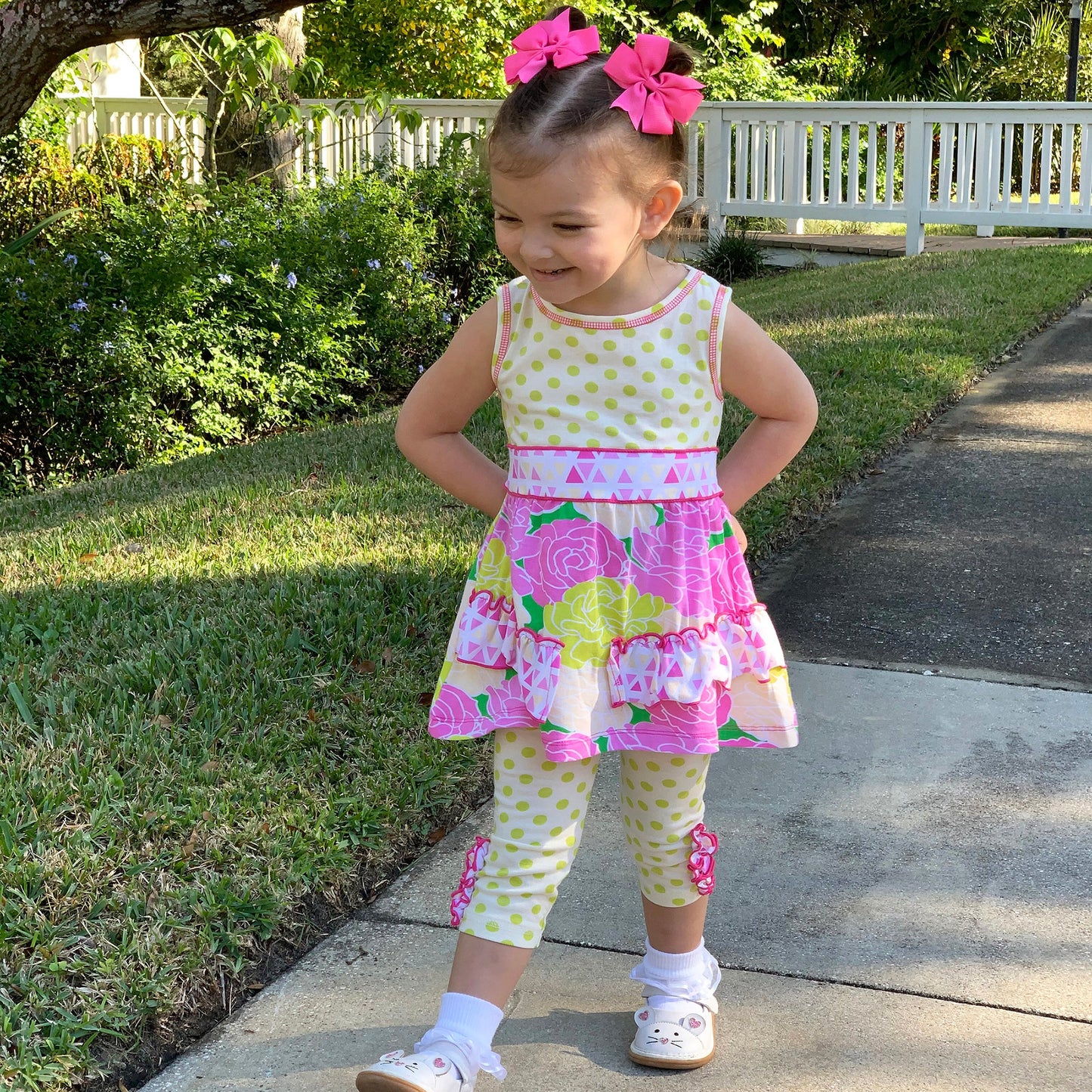 AnnLoren Big Little Girls Toddler Spring Bouquet Floral Dress Polka Dot Leggings Boutique