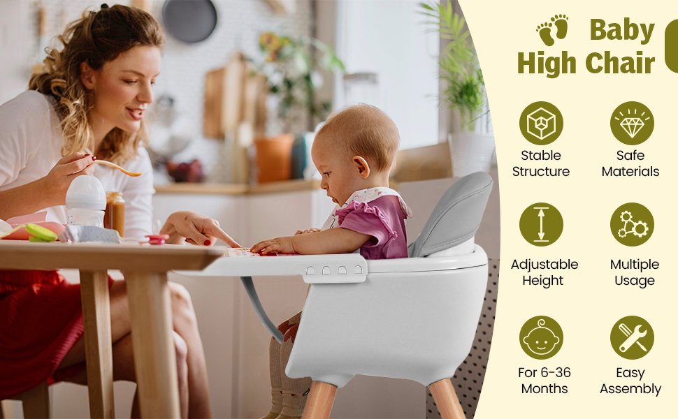 3-in-1 Convertible Wooden High Chair with Cushion