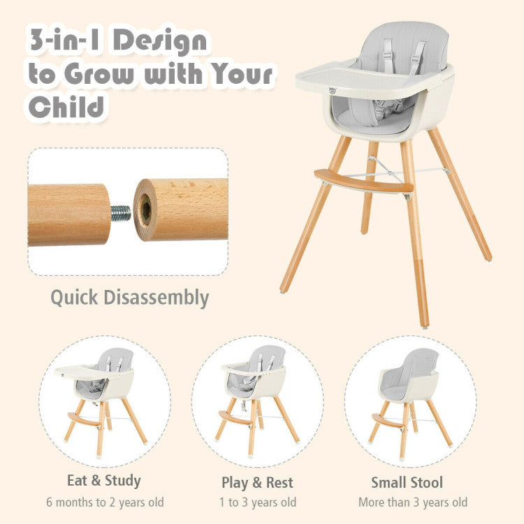 3-in-1 Convertible Wooden High Chair with Cushion