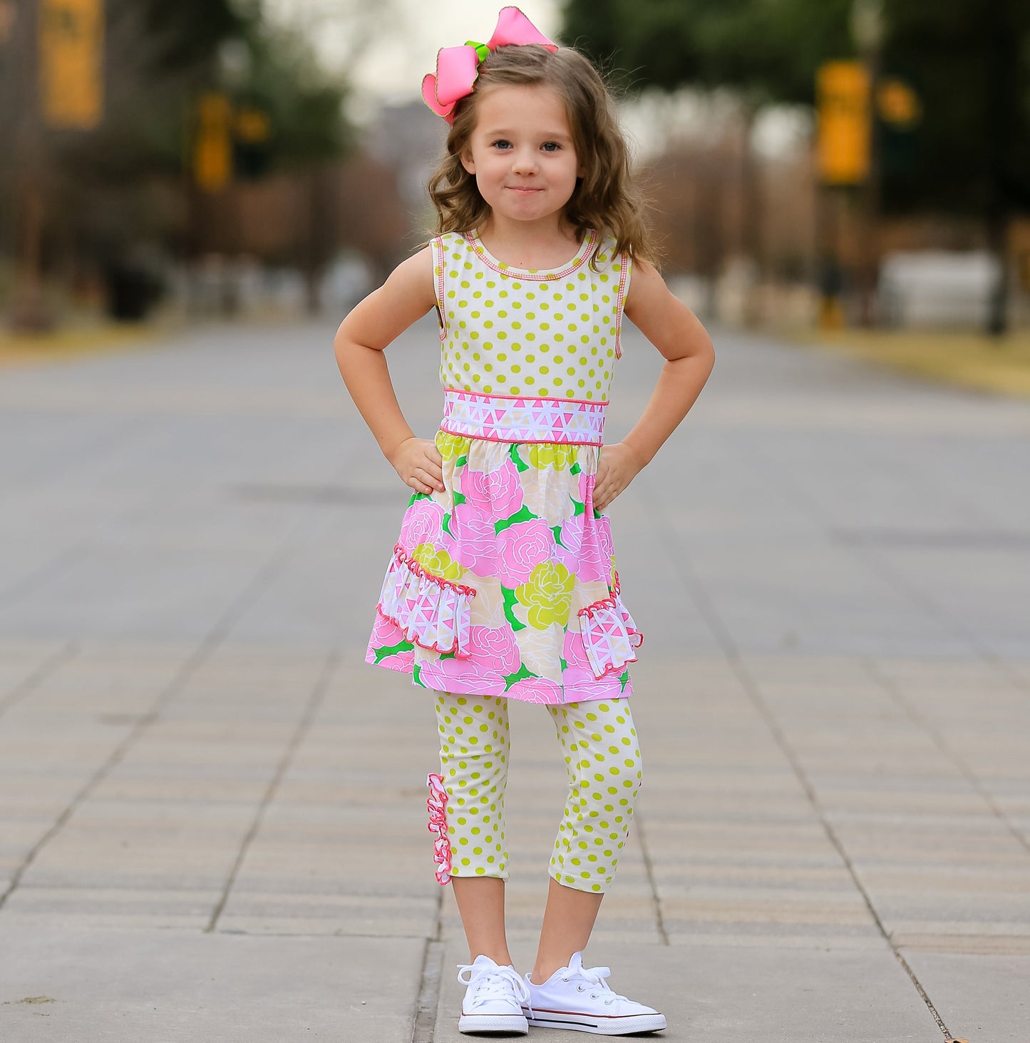 AnnLoren Big Little Girls Toddler Spring Bouquet Floral Dress Polka Dot Leggings Boutique