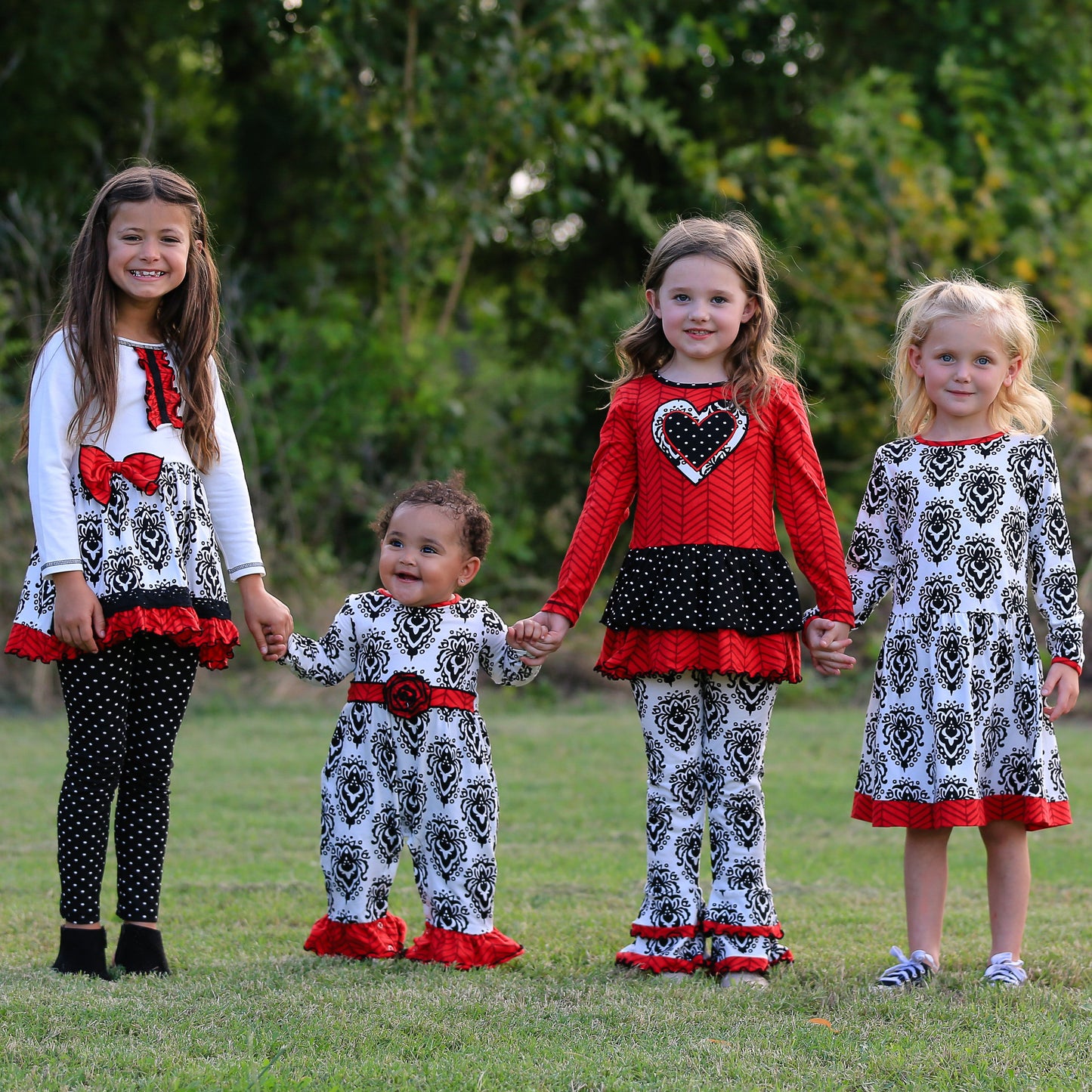 AnnLoren Girls Winter Damask Holiday Polka Dot Herringbone Dress Tunic & Leggings Set