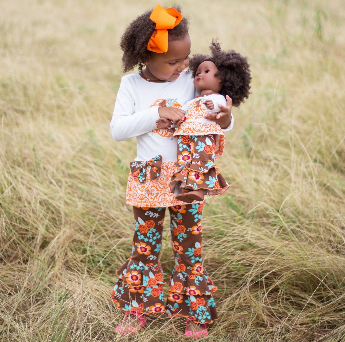 Big Girls Orange Pumpkin Autumn Floral Thanksgiving Tunic & Ruffle Pants Outfit