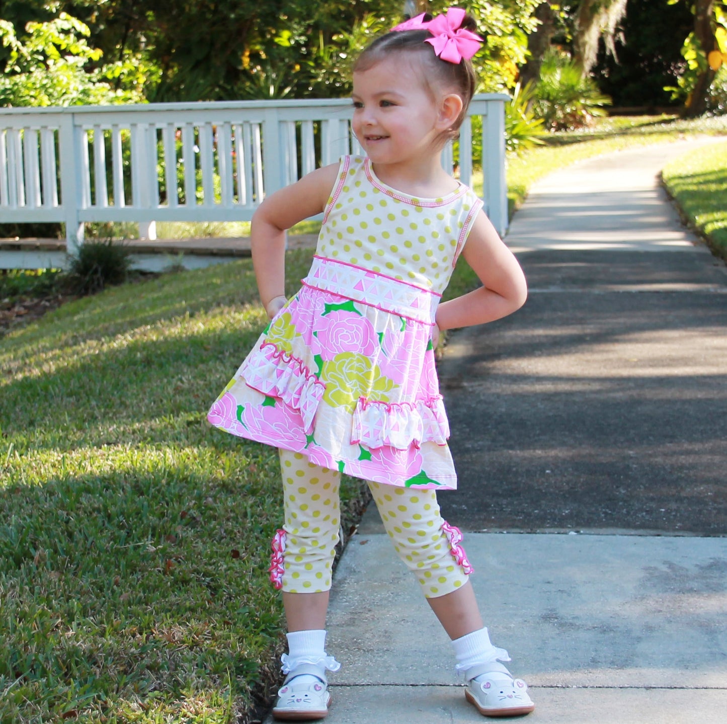 AnnLoren Big Little Girls Toddler Spring Bouquet Floral Dress Polka Dot Leggings Boutique