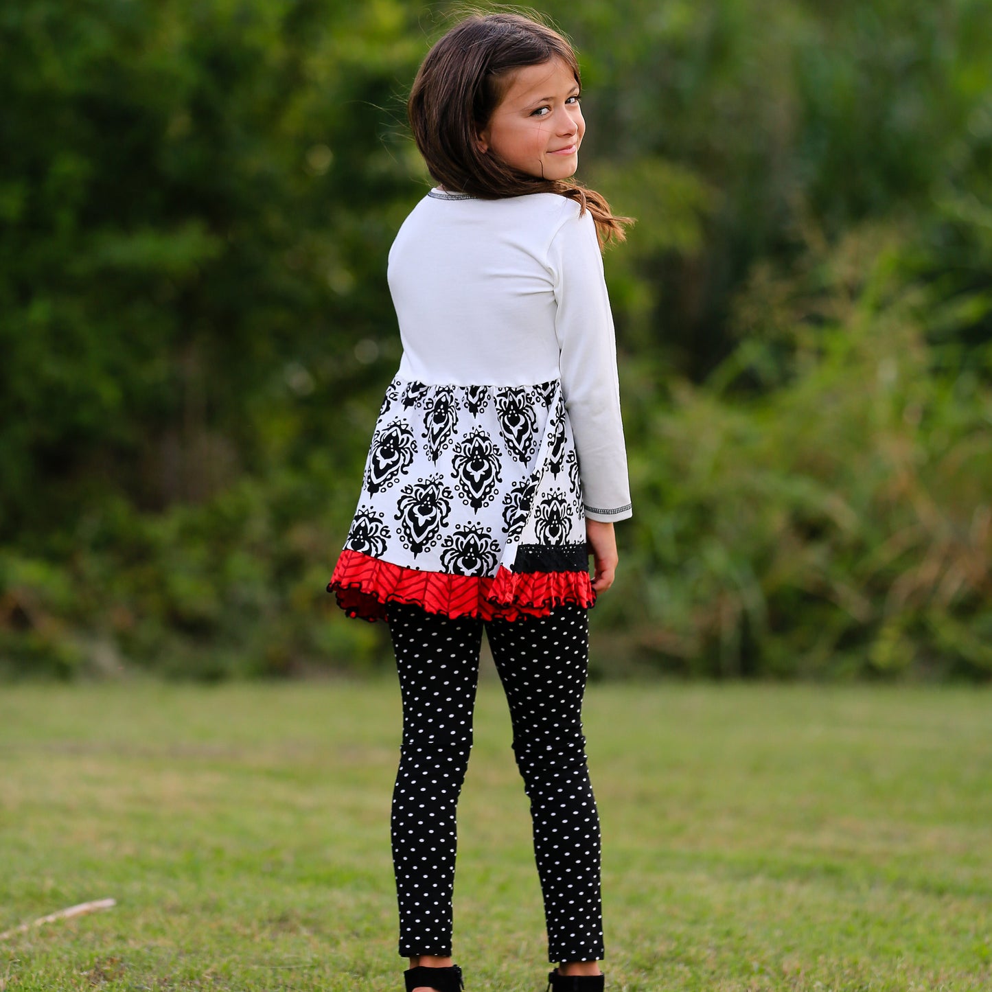 AnnLoren Girls Winter Damask Holiday Polka Dot Herringbone Dress Tunic & Leggings Set