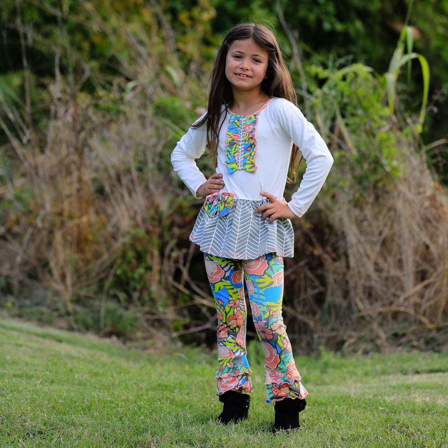AnnLoren Girls Herringbone Floral Tuxedo Bow Tunic & Pants Clothing Outfit Set sz 2/3T-9/10