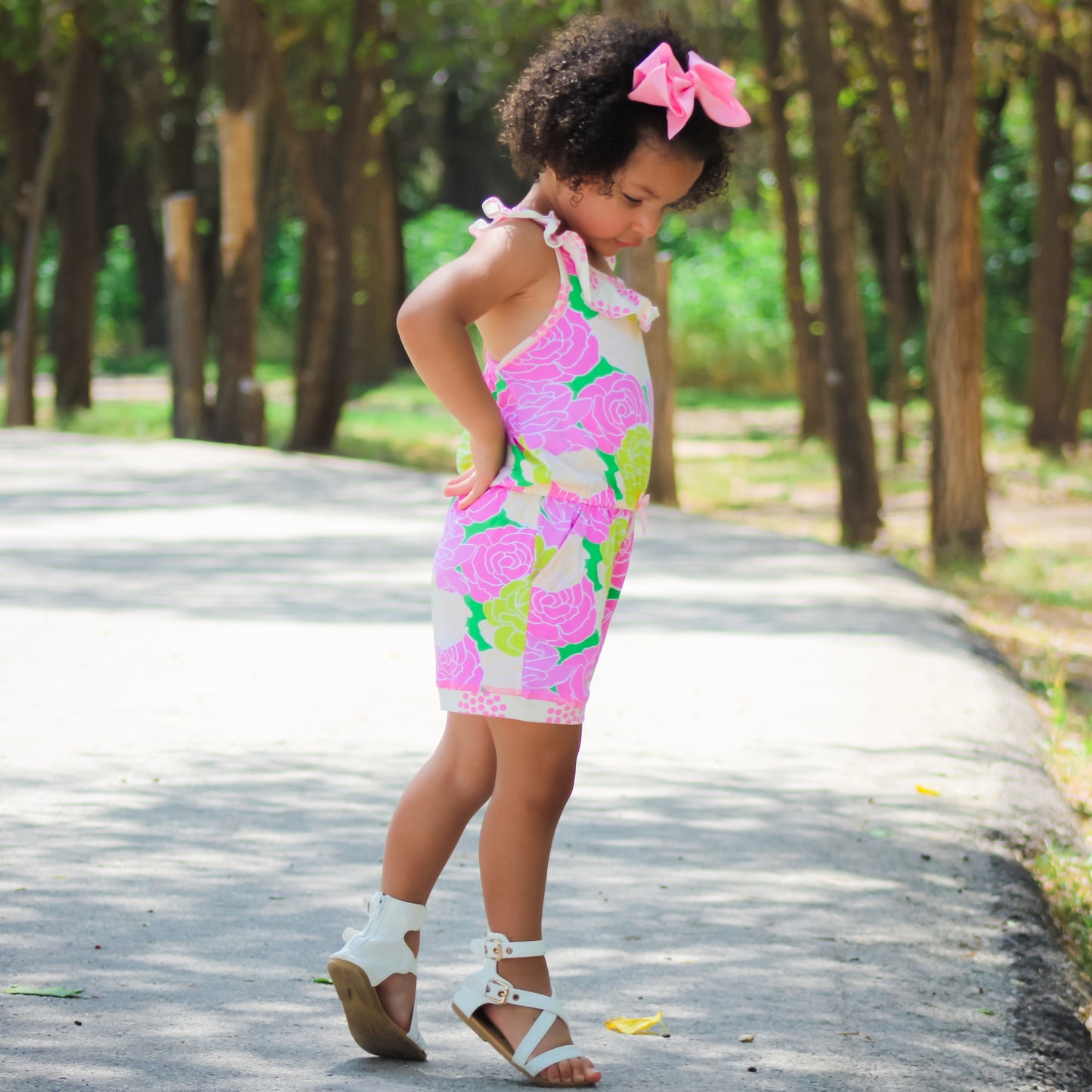 AnnLoren Girls Pink Bloom Floral Shorts Jumpsuit Summer One Piece Outfit