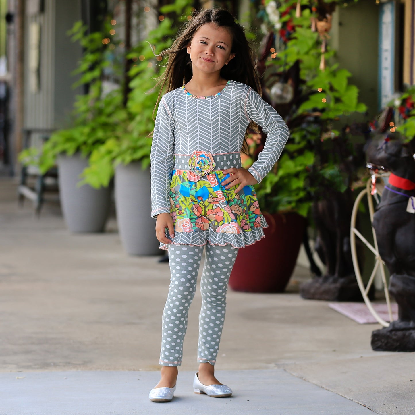 AnnLoren Girls Winter Herringbone Floral Polka Dot Dress & Legging Clothing Outfit Set sz 9/10