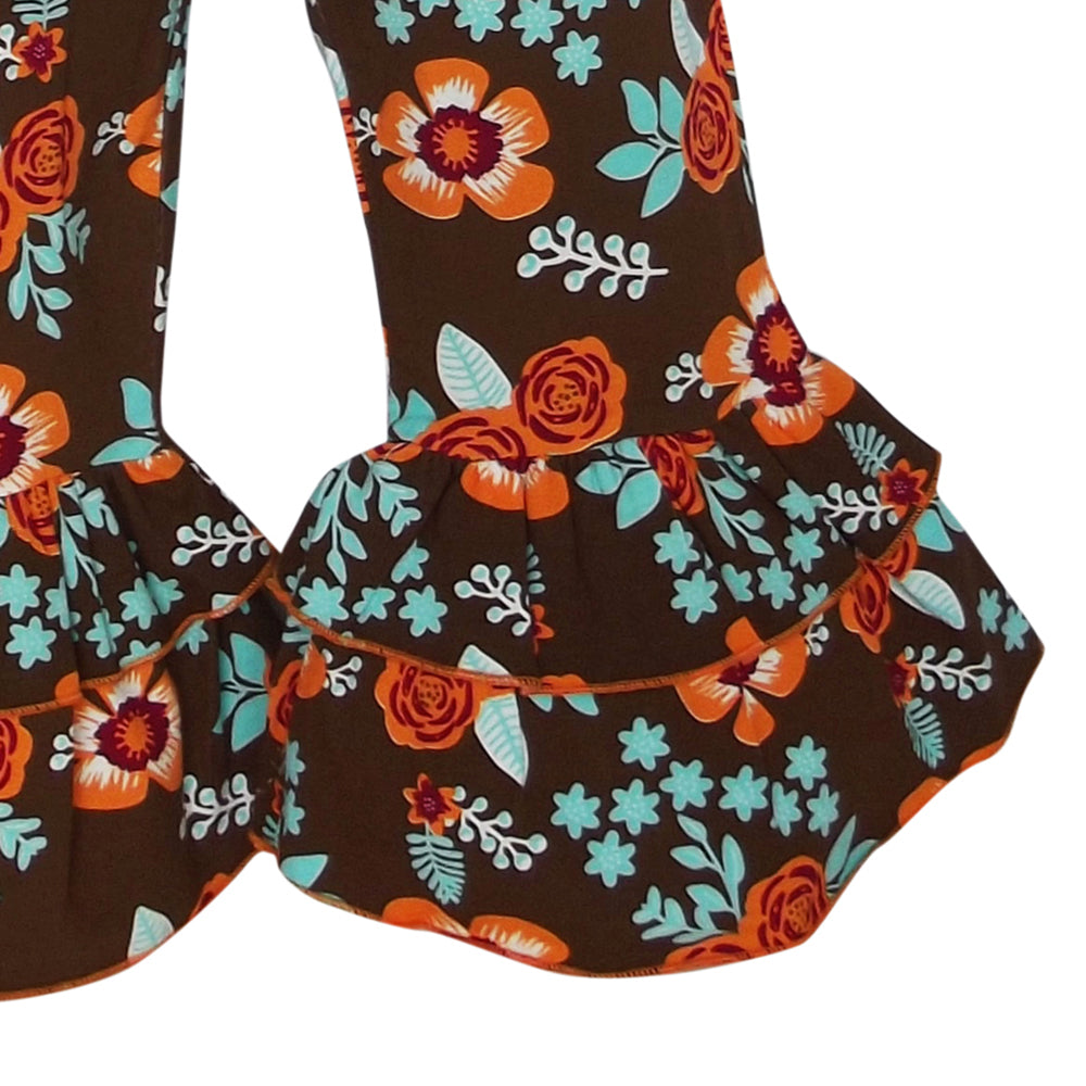Big Girls Orange Pumpkin Autumn Floral Thanksgiving Tunic & Ruffle Pants Outfit