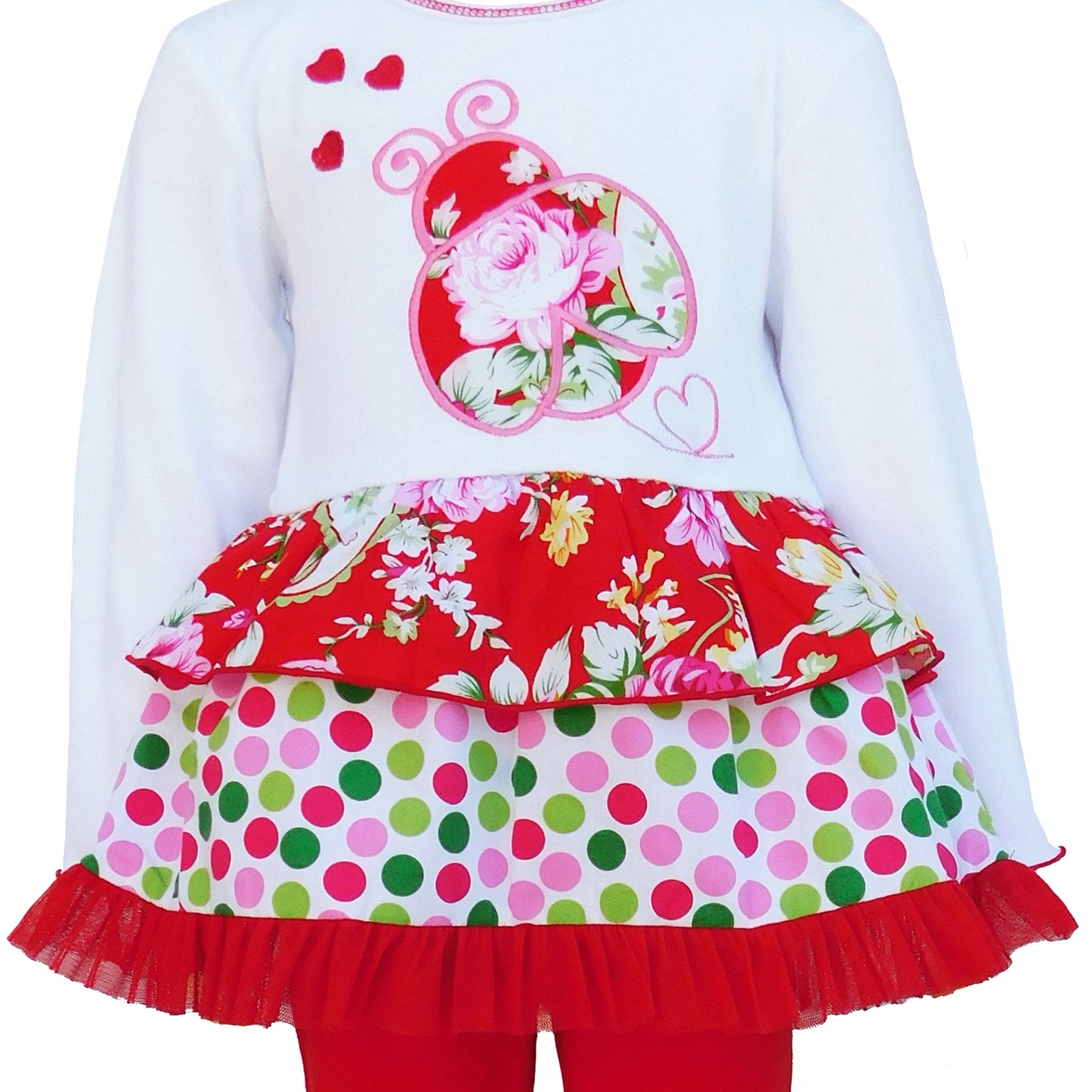 AnnLoren Girls Red Polka Dot & Floral Ladybug Holiday Rumba Set
