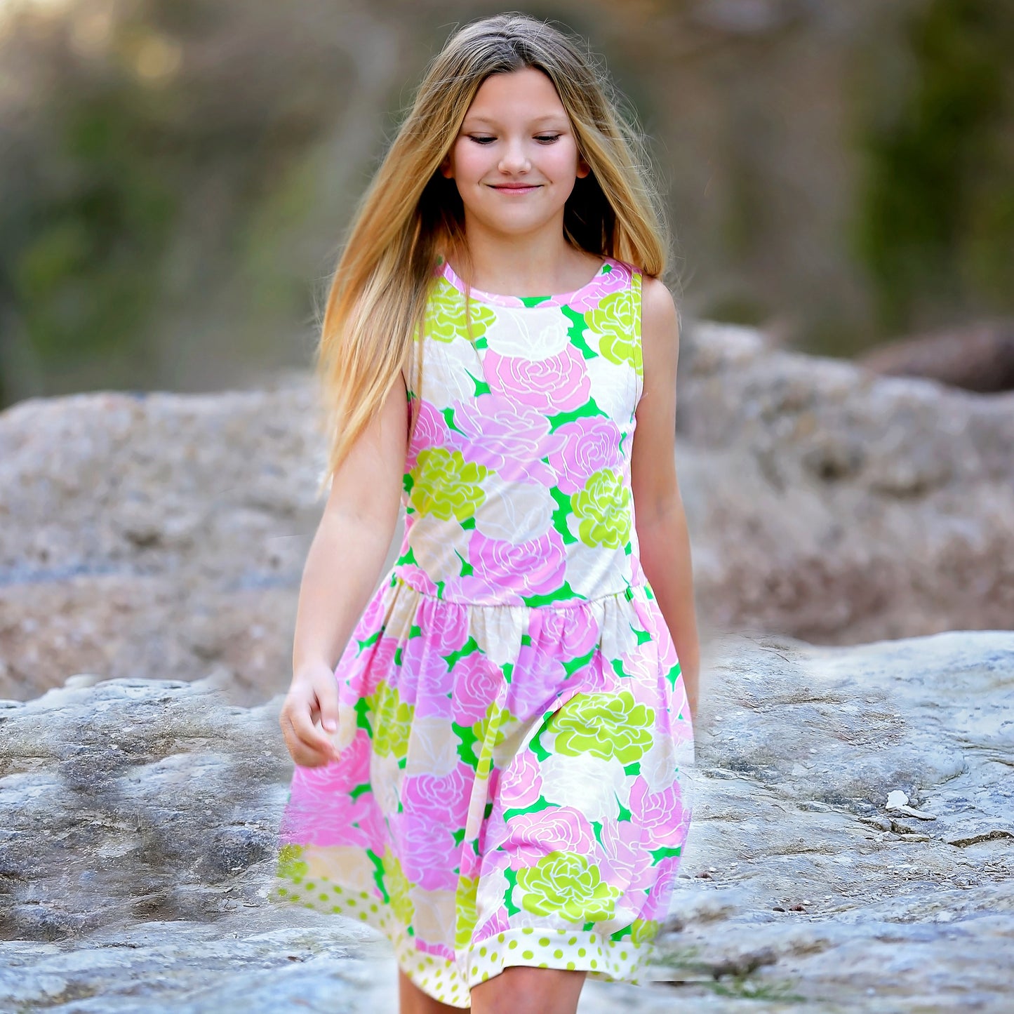 AnnLoren Spring Big Little Girls Pink Green Boutique Bouquet Floral Knit Swing Casual Dress