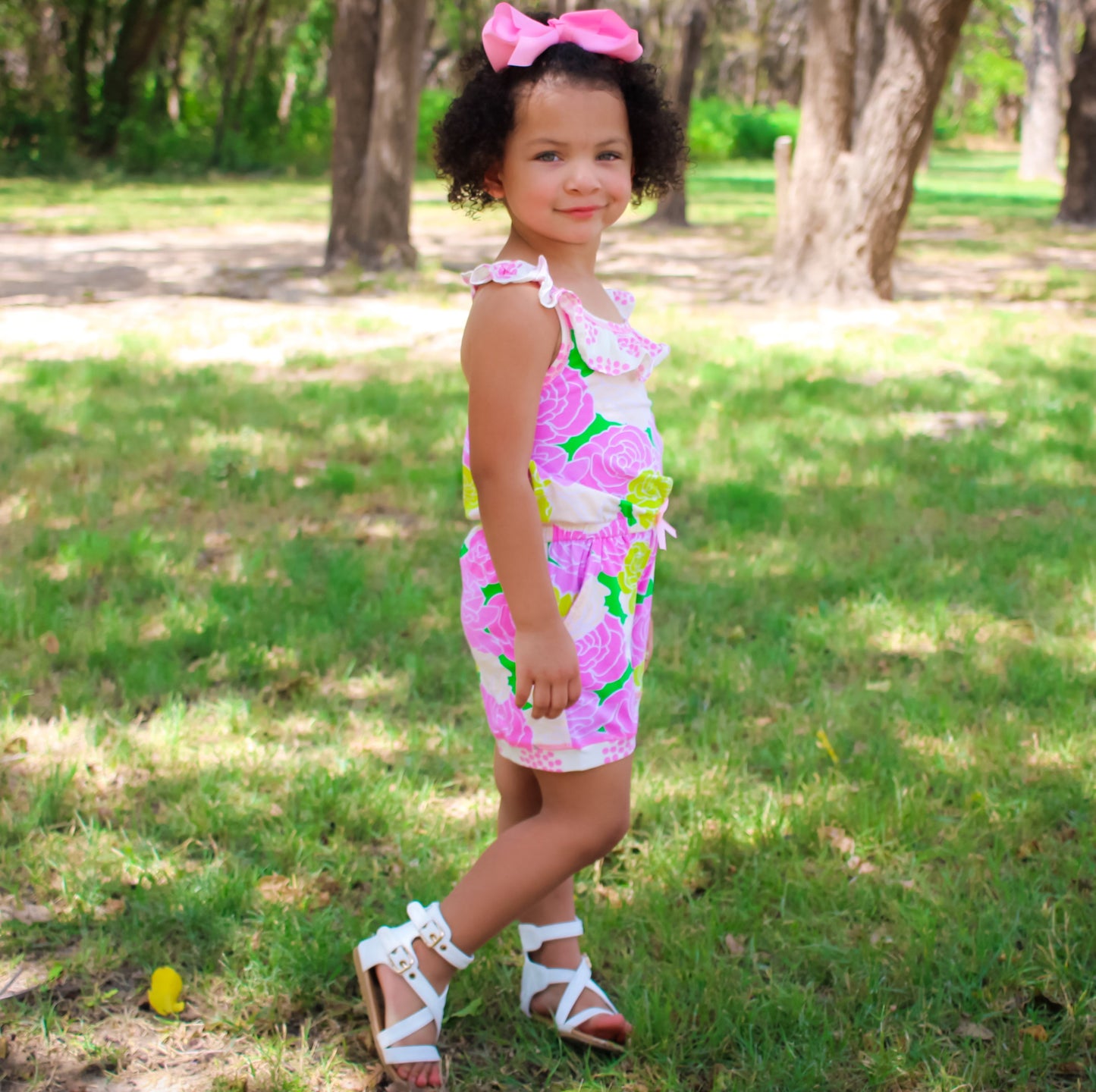 AnnLoren Girls Pink Bloom Floral Shorts Jumpsuit Summer One Piece Outfit