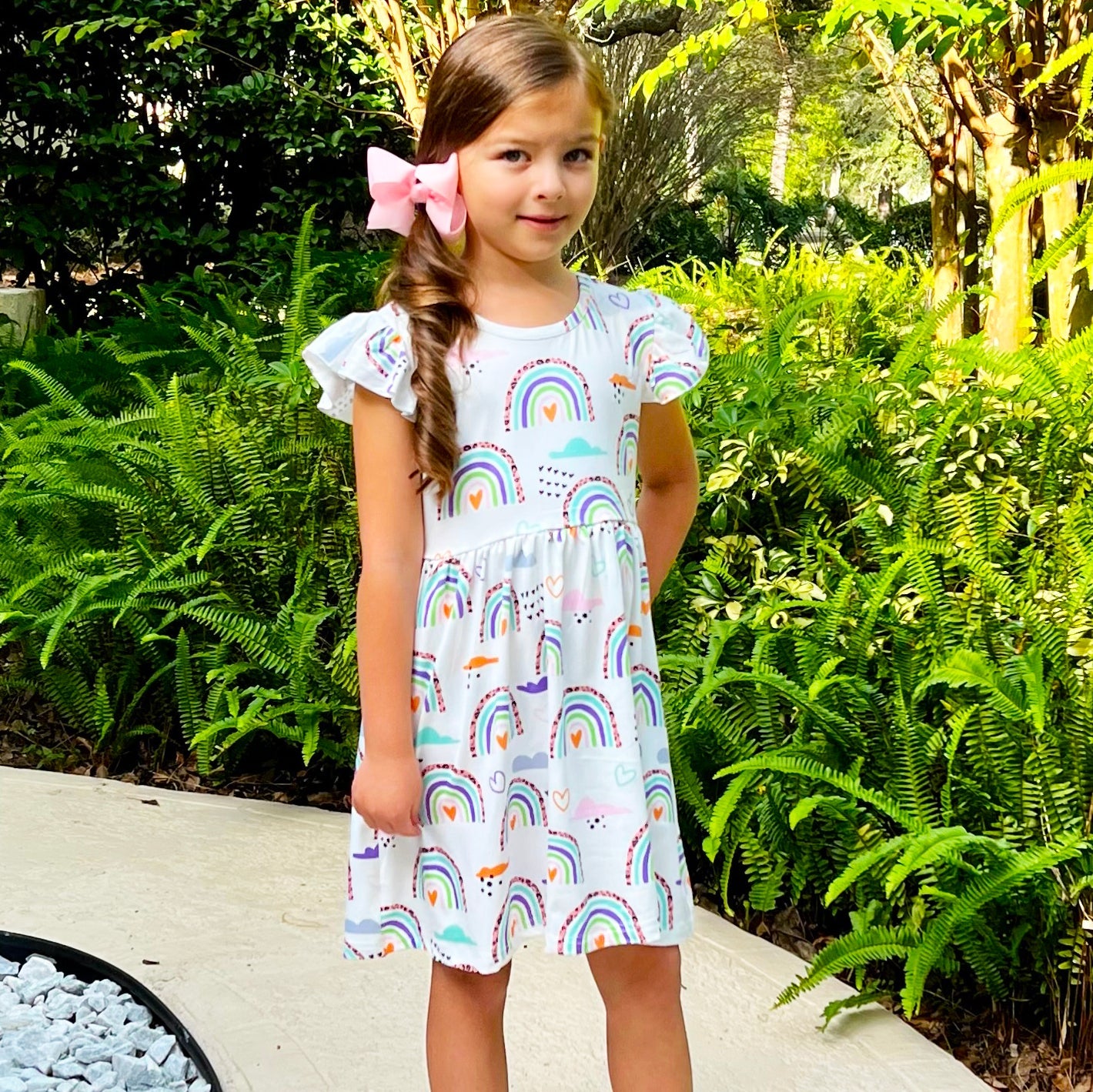 Girls Rainbow & Clouds Ruffle Cap Sleeve Swing Spring Dress