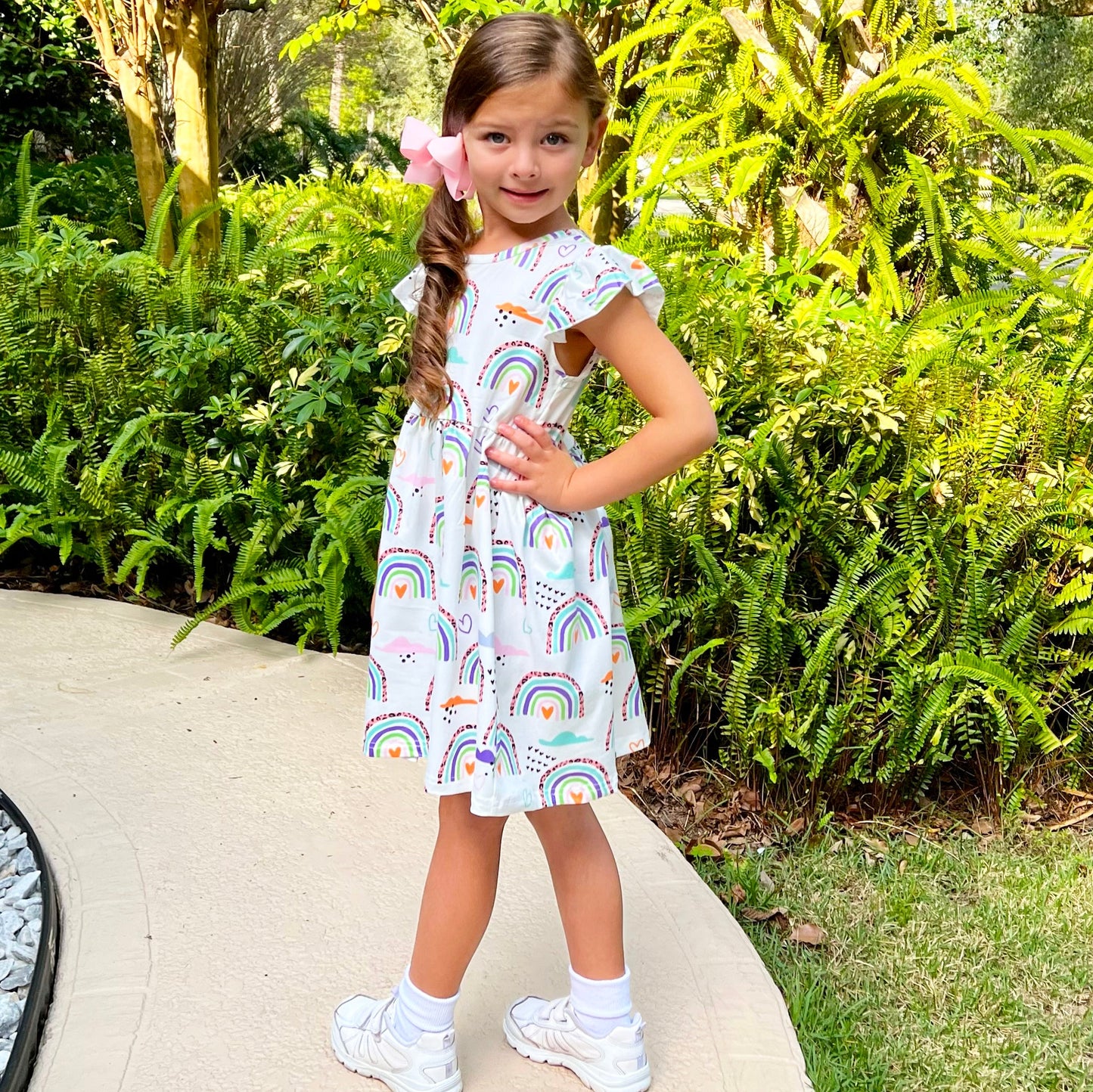 Girls Rainbow & Clouds Ruffle Cap Sleeve Swing Spring Dress