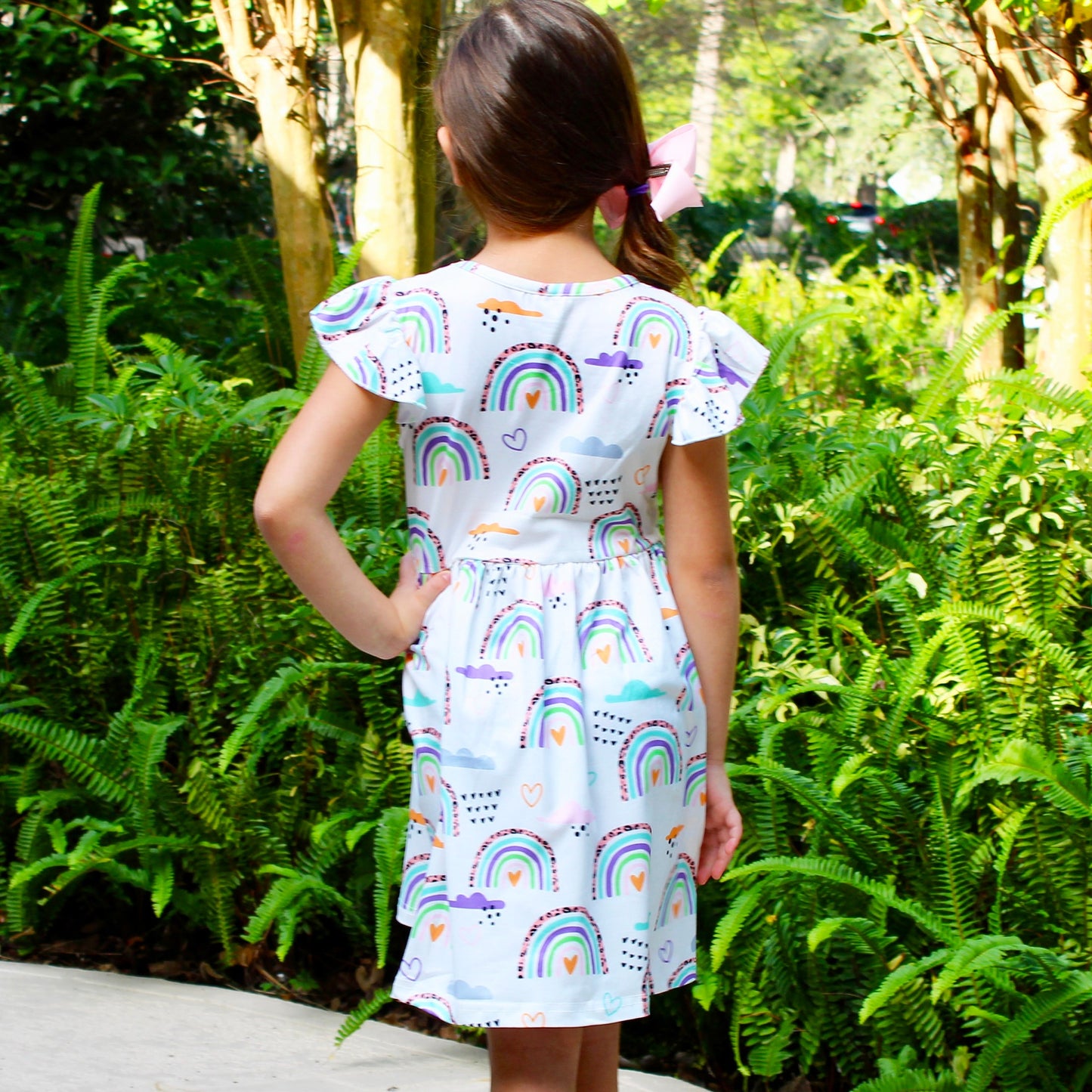 Girls Rainbow & Clouds Ruffle Cap Sleeve Swing Spring Dress
