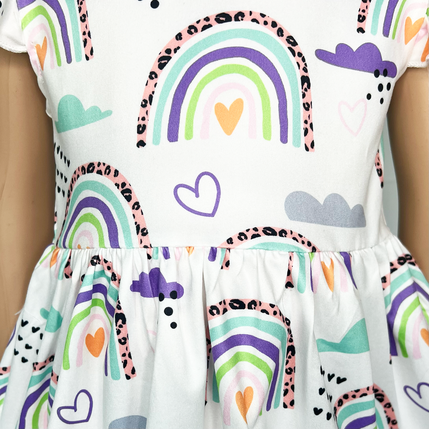 Girls Rainbow & Clouds Ruffle Cap Sleeve Swing Spring Dress