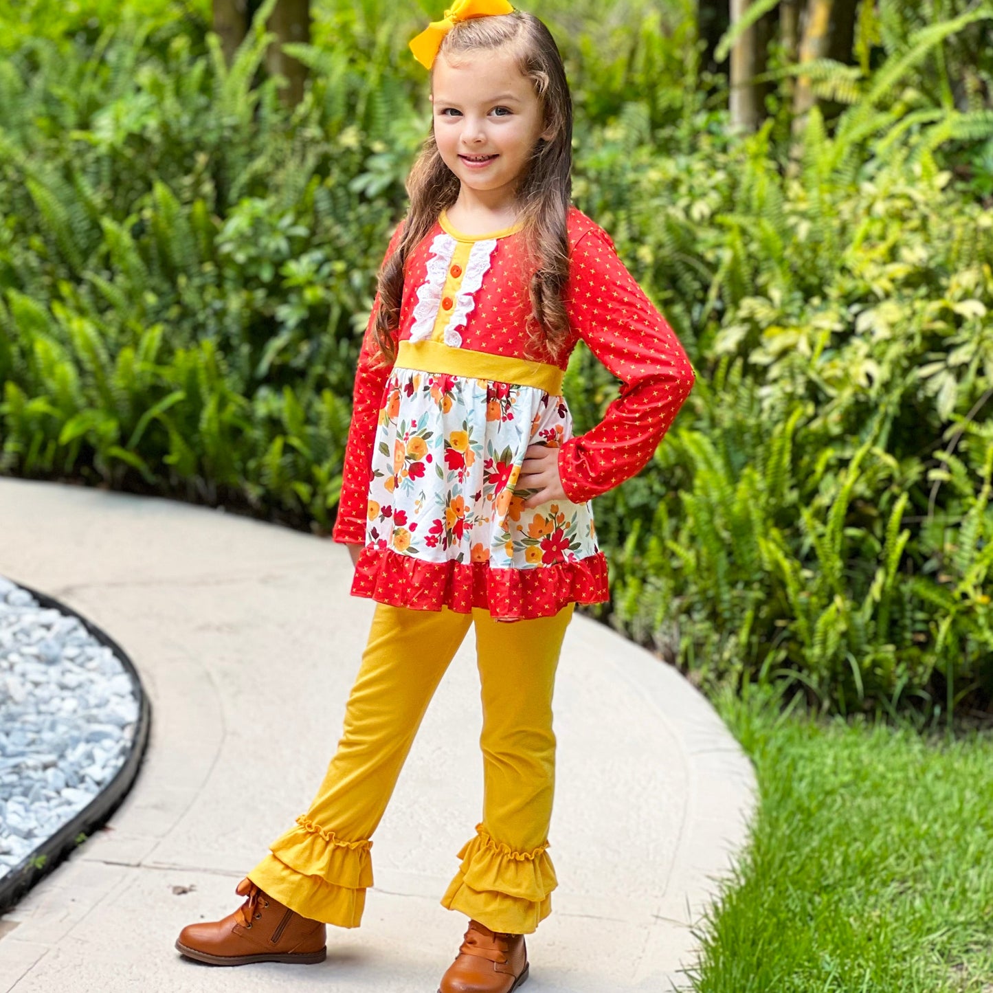 Boutique Girls Boutique Fall Floral Eyelet Tunic & Mustard Ruffle Pants Set