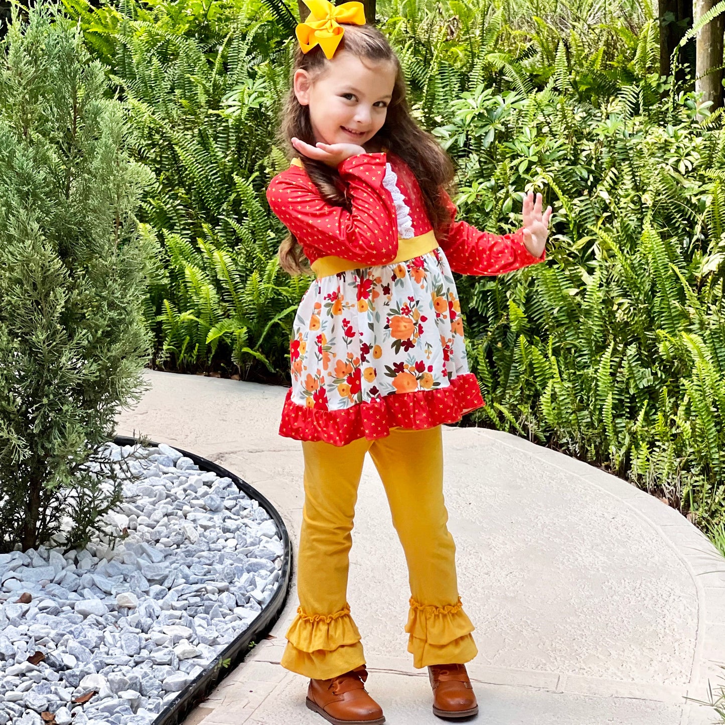 Boutique Girls Boutique Fall Floral Eyelet Tunic & Mustard Ruffle Pants Set