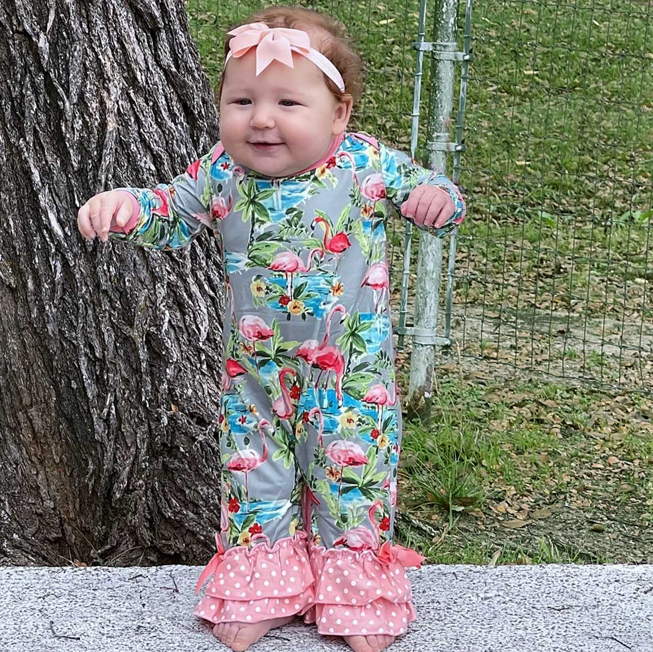 Pink Flamingo Floral Baby Girls Long Sleeve Soft Romper