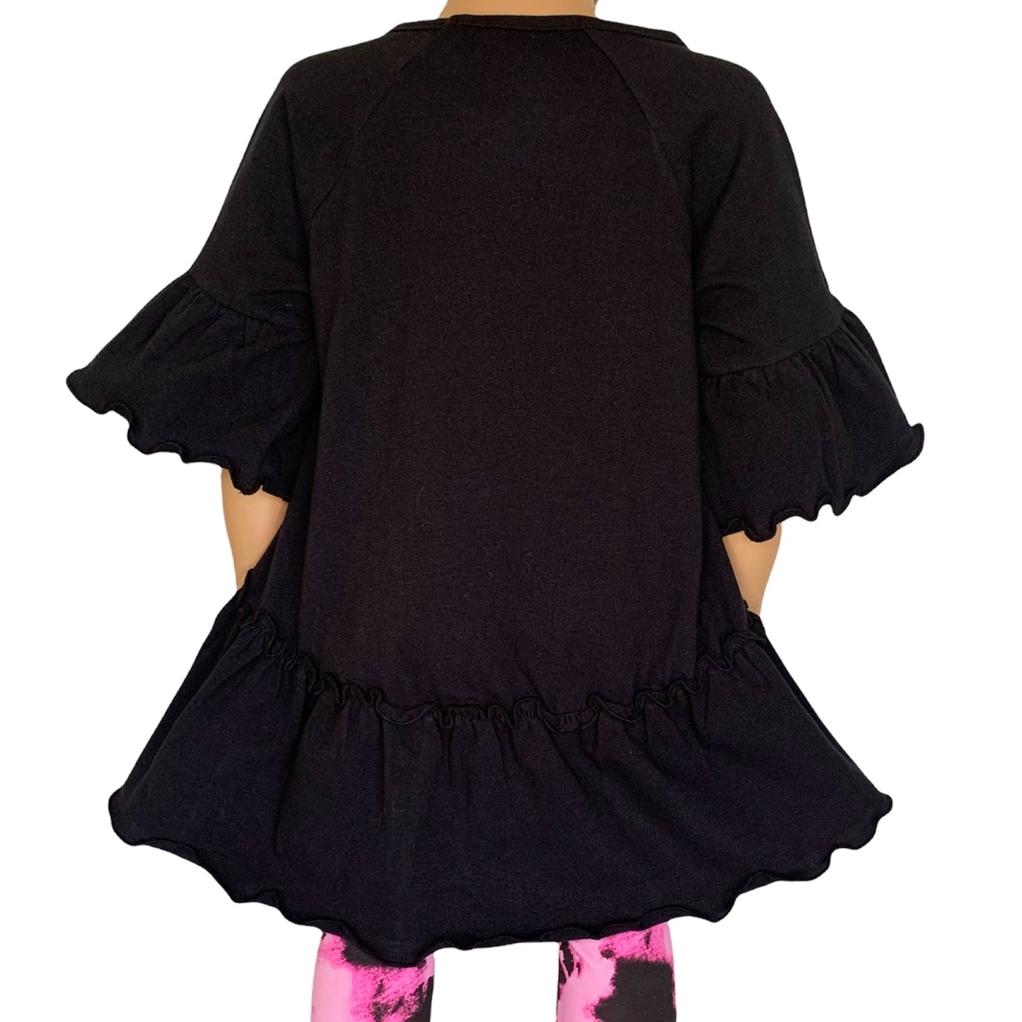 AnnLoren Little & Big Girls 3/4 Angel Sleeve Black Cotton Knit Ruffle Shirt