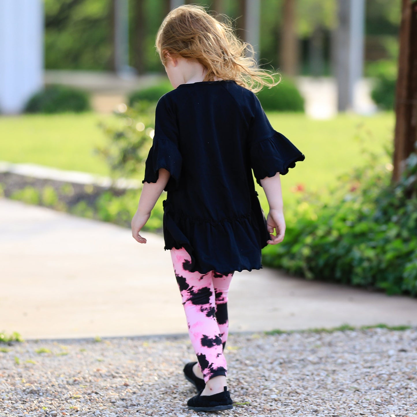 AnnLoren Little & Big Girls 3/4 Angel Sleeve Black Cotton Knit Ruffle Shirt