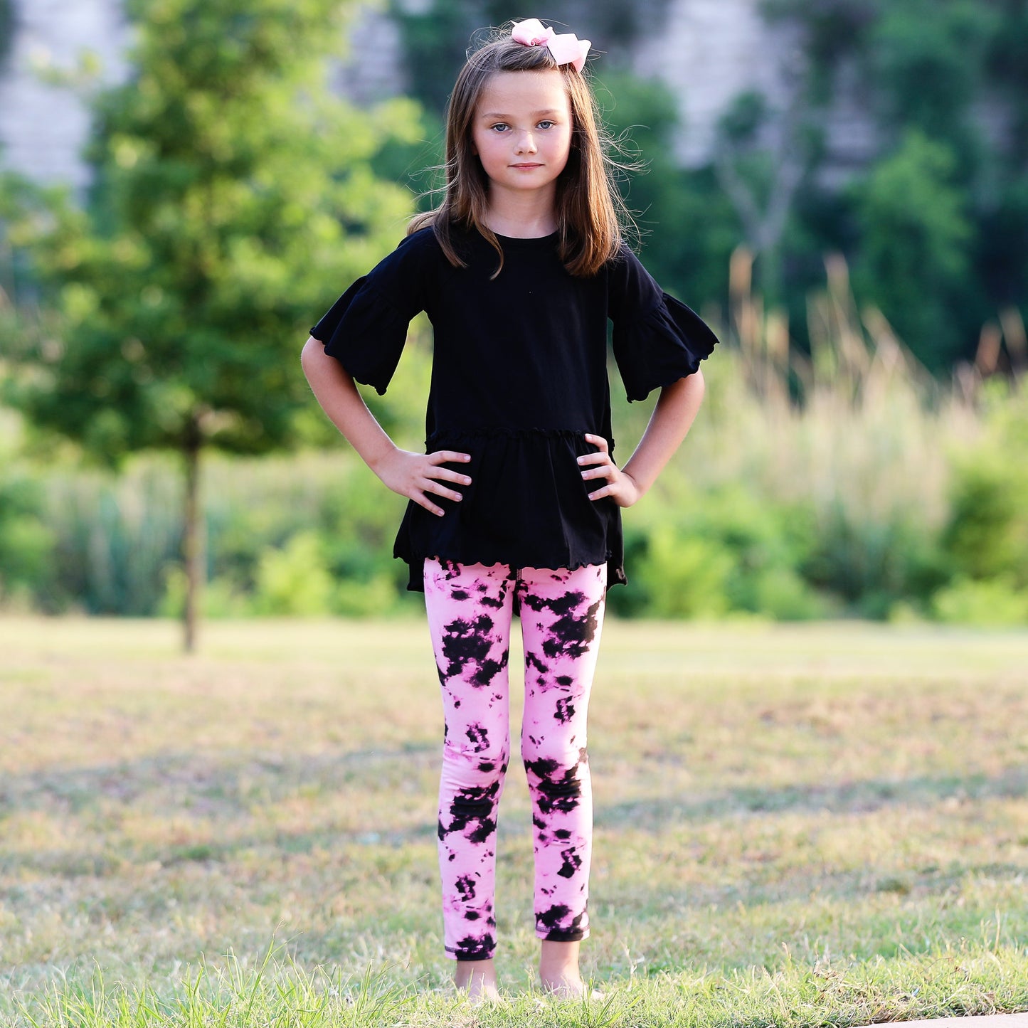 AnnLoren Little & Big Girls 3/4 Angel Sleeve Black Cotton Knit Ruffle Shirt