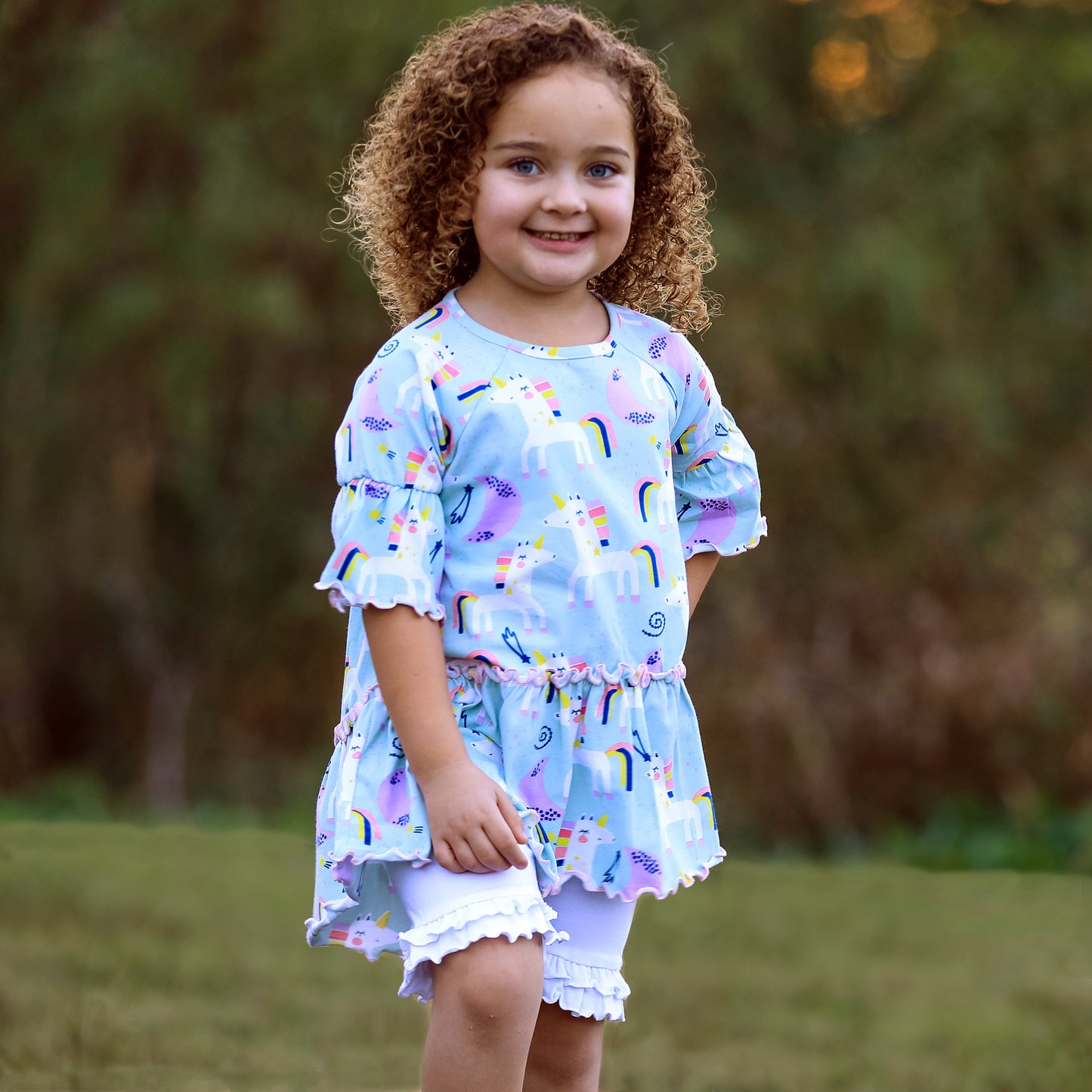 AnnLoren Little & Big Girls 3/4 Angel Sleeve Unicorn Cotton Knit Ruffle Shirt