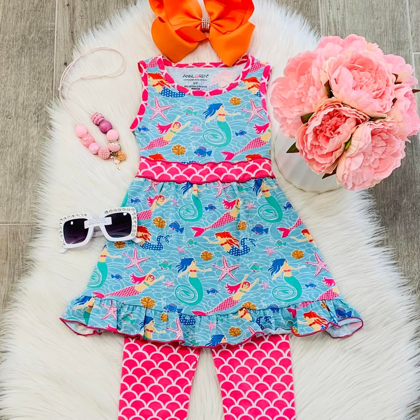 AnnLoren Little Toddler Big Girls' Mermaid Dress Leggings Boutique Clothing Set