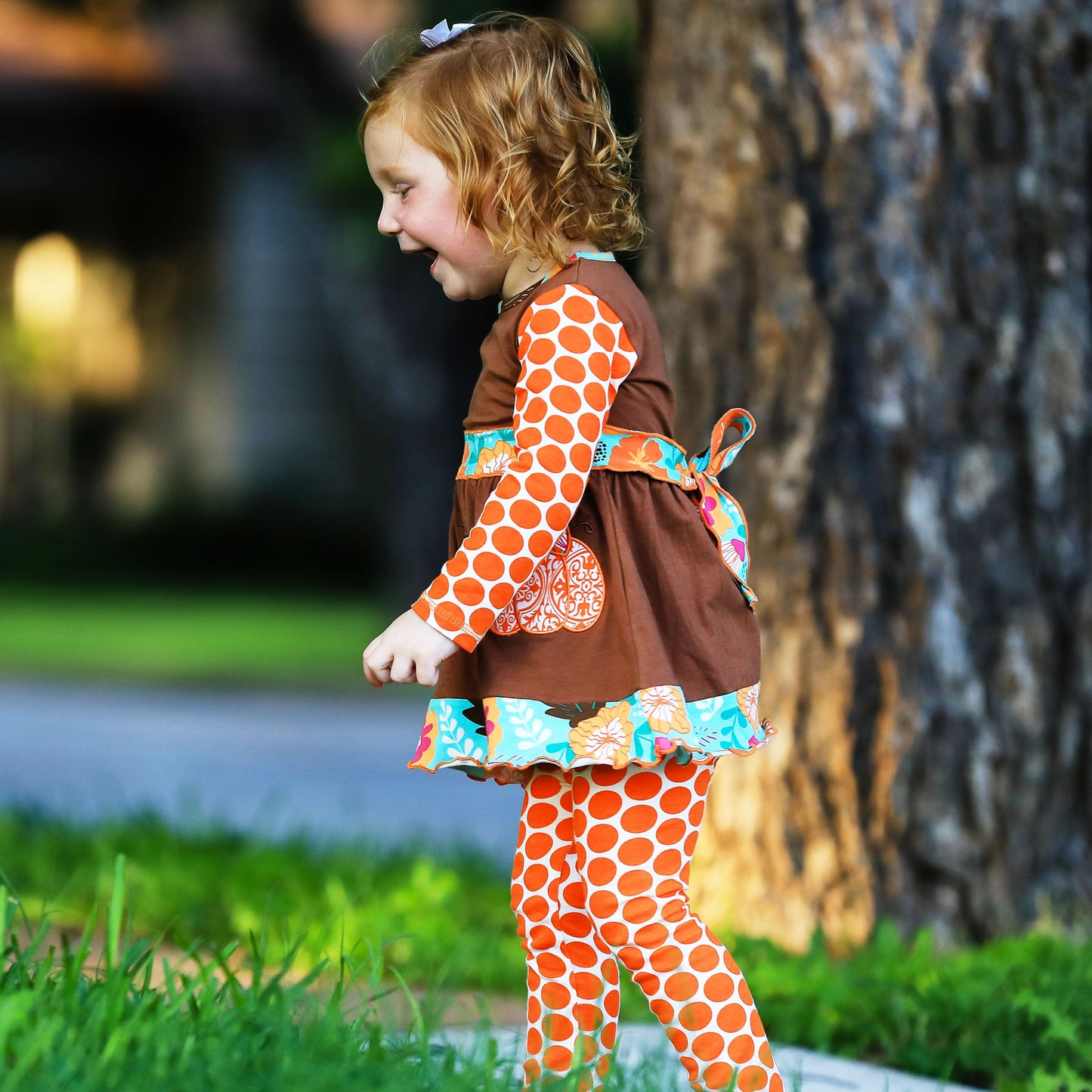 AnnLoren Girls Holiday Orange Pumpkin Patch Autumn Thanksgiving Dress & Leggings
