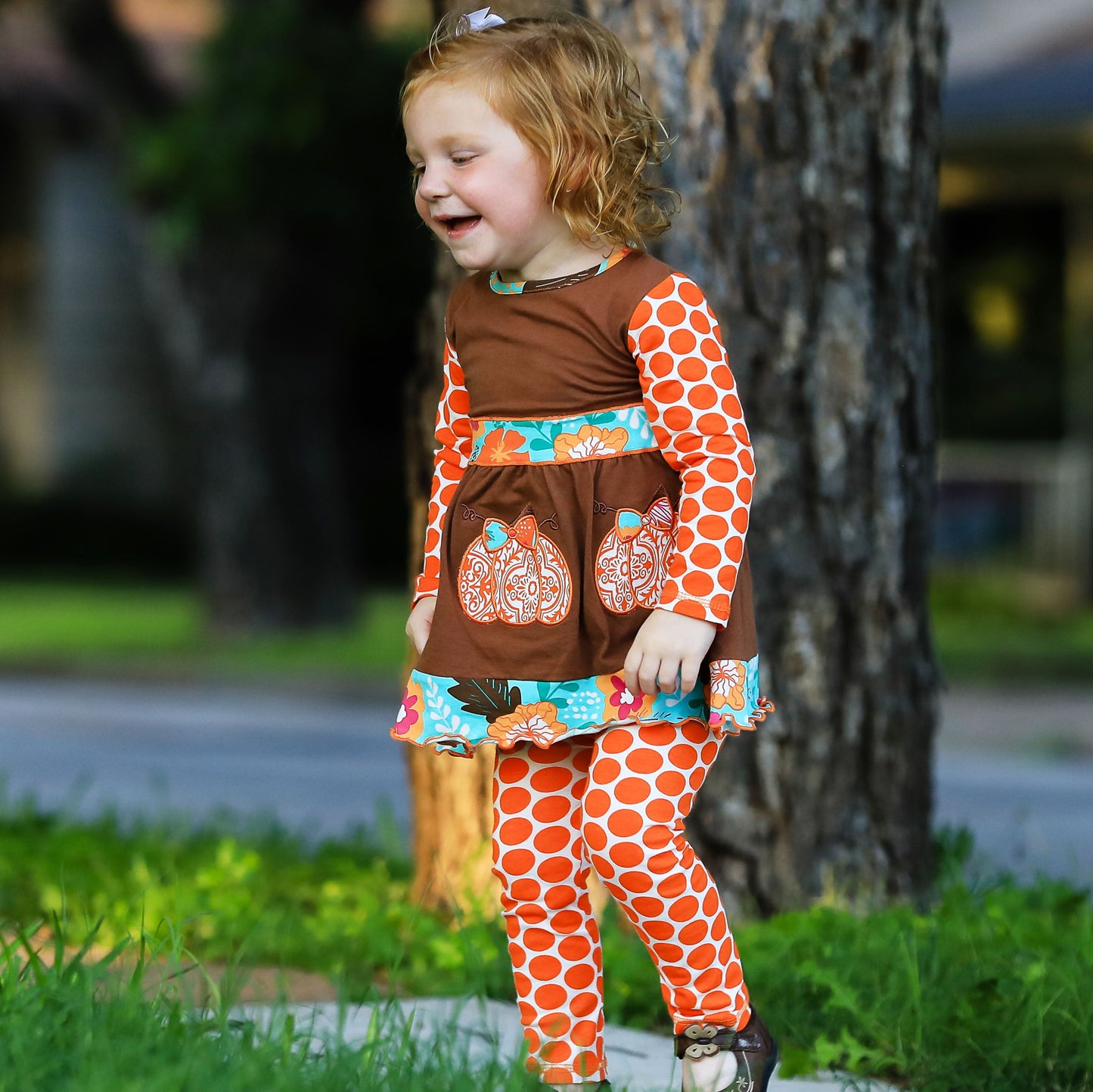 AnnLoren Girls Holiday Orange Pumpkin Patch Autumn Thanksgiving Dress & Leggings