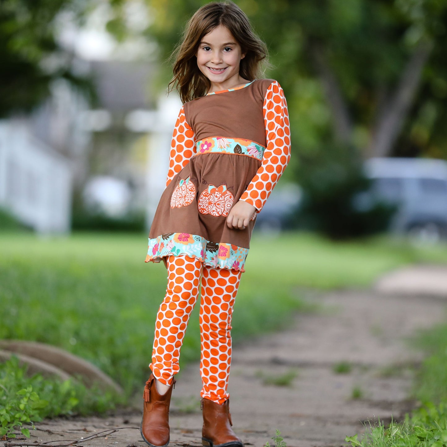 AnnLoren Girls Holiday Orange Pumpkin Patch Autumn Thanksgiving Dress & Leggings