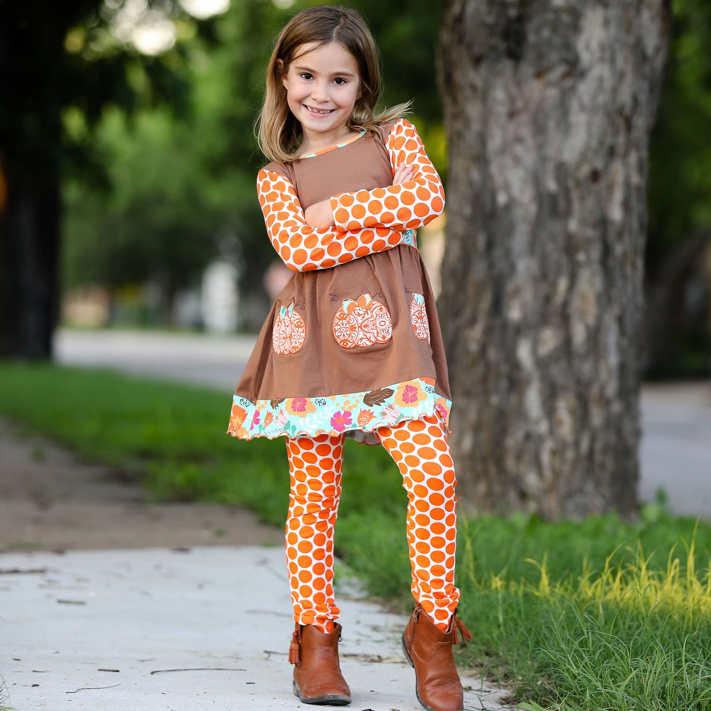AnnLoren Girls Holiday Orange Pumpkin Patch Autumn Thanksgiving Dress & Leggings