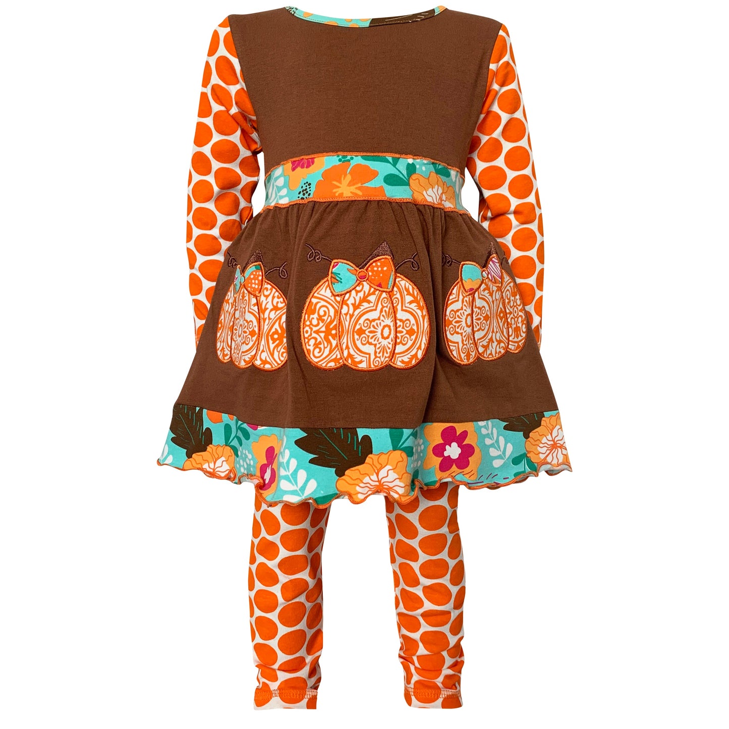 AnnLoren Girls Holiday Orange Pumpkin Patch Autumn Thanksgiving Dress & Leggings
