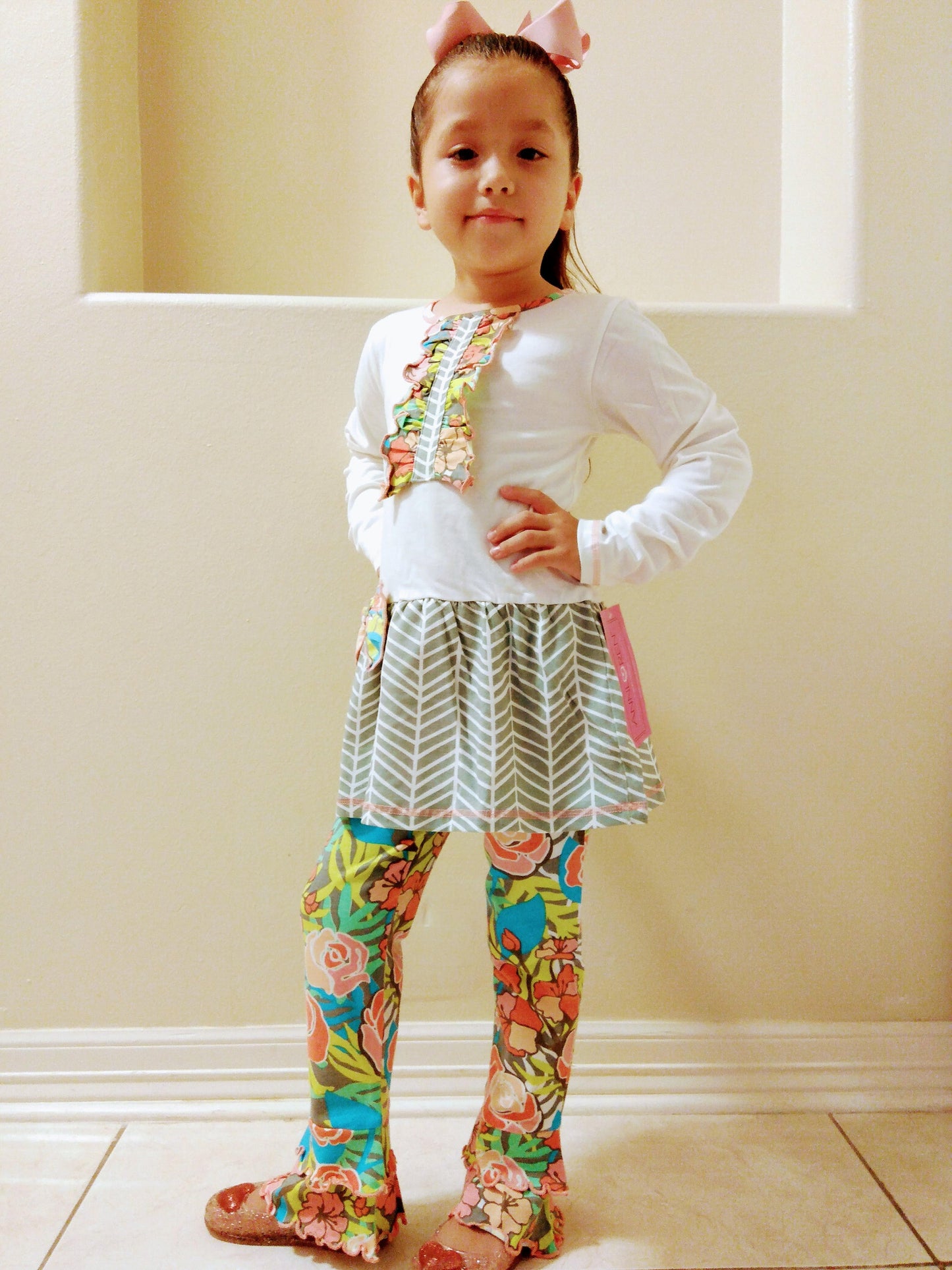 AnnLoren Girls Herringbone Floral Tuxedo Bow Tunic & Pants Clothing Outfit Set sz 2/3T-9/10