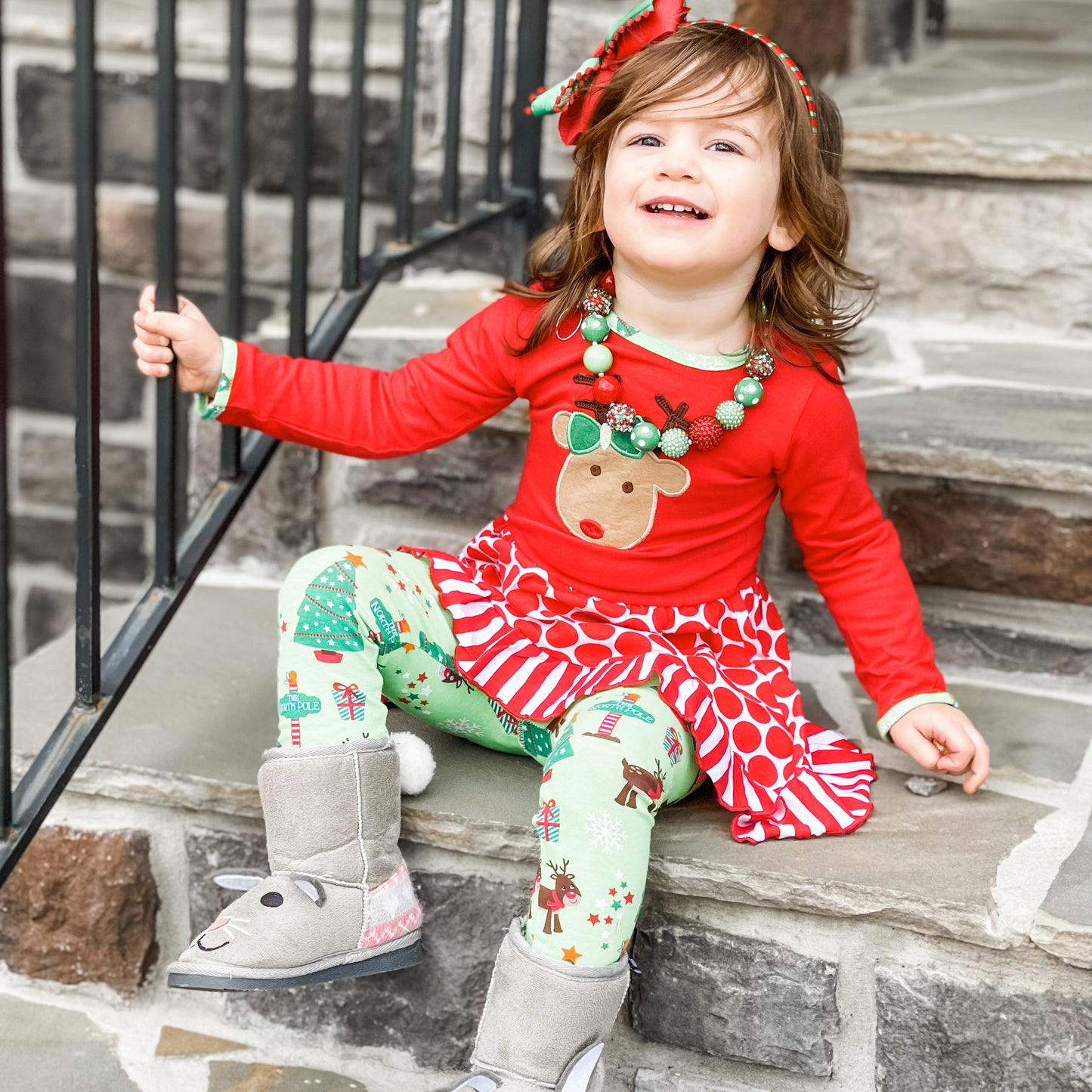 AnnLoren Girls Christmas Reindeer Tunic and Holiday Legging Set