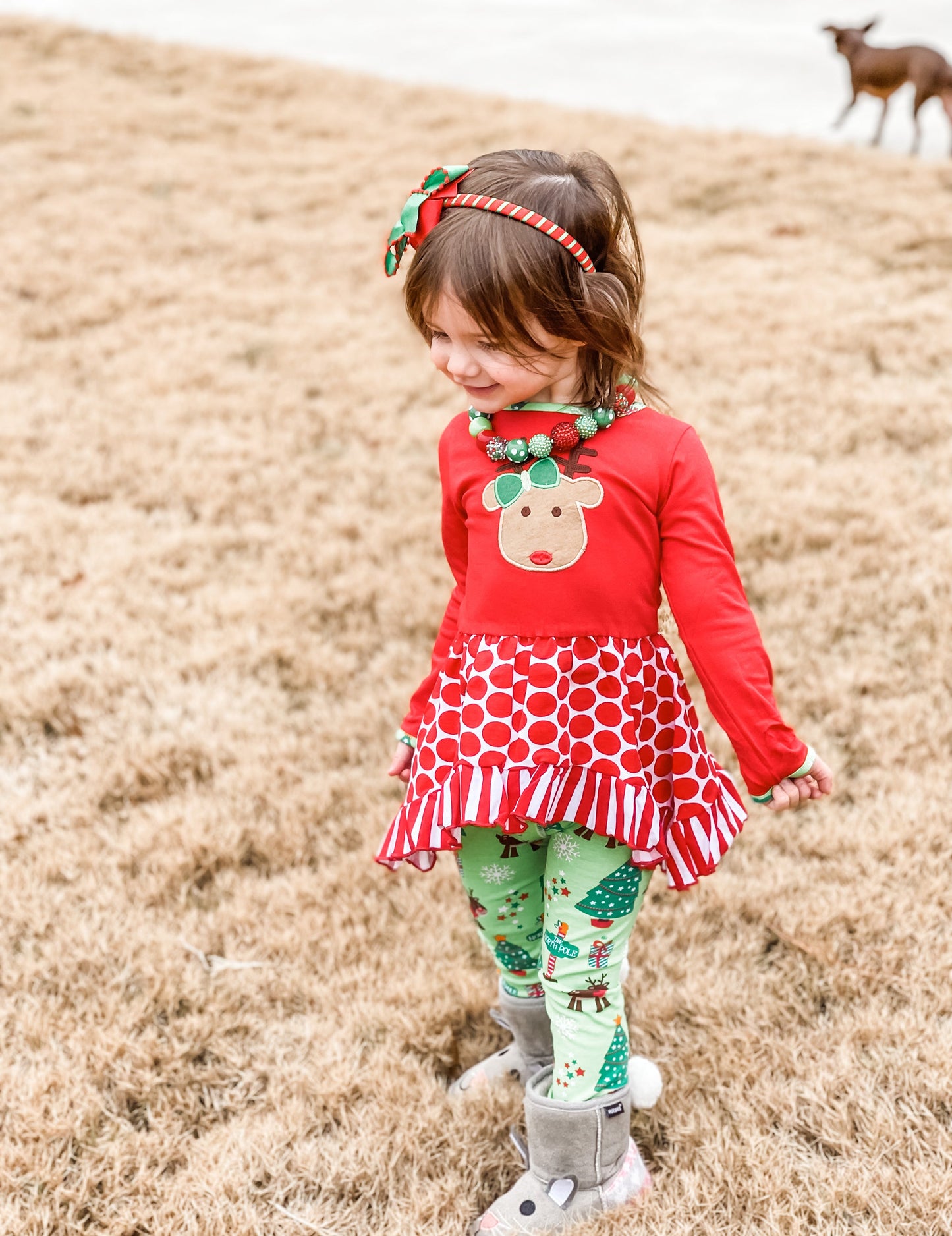 AnnLoren Girls Christmas Reindeer Tunic and Holiday Legging Set