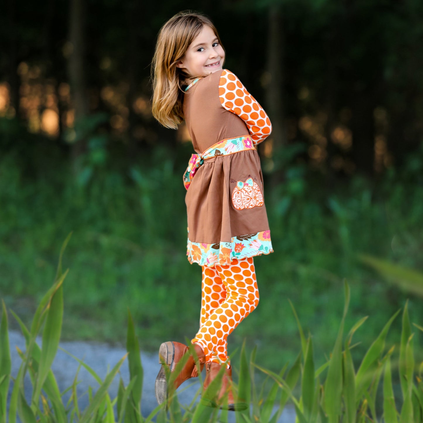 AnnLoren Girls Holiday Orange Pumpkin Patch Autumn Thanksgiving Dress & Leggings