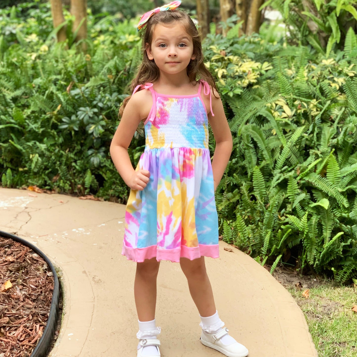 AnnLoren Big Little Girls Pastel Tie Dye Smocked Summer Swing Dress