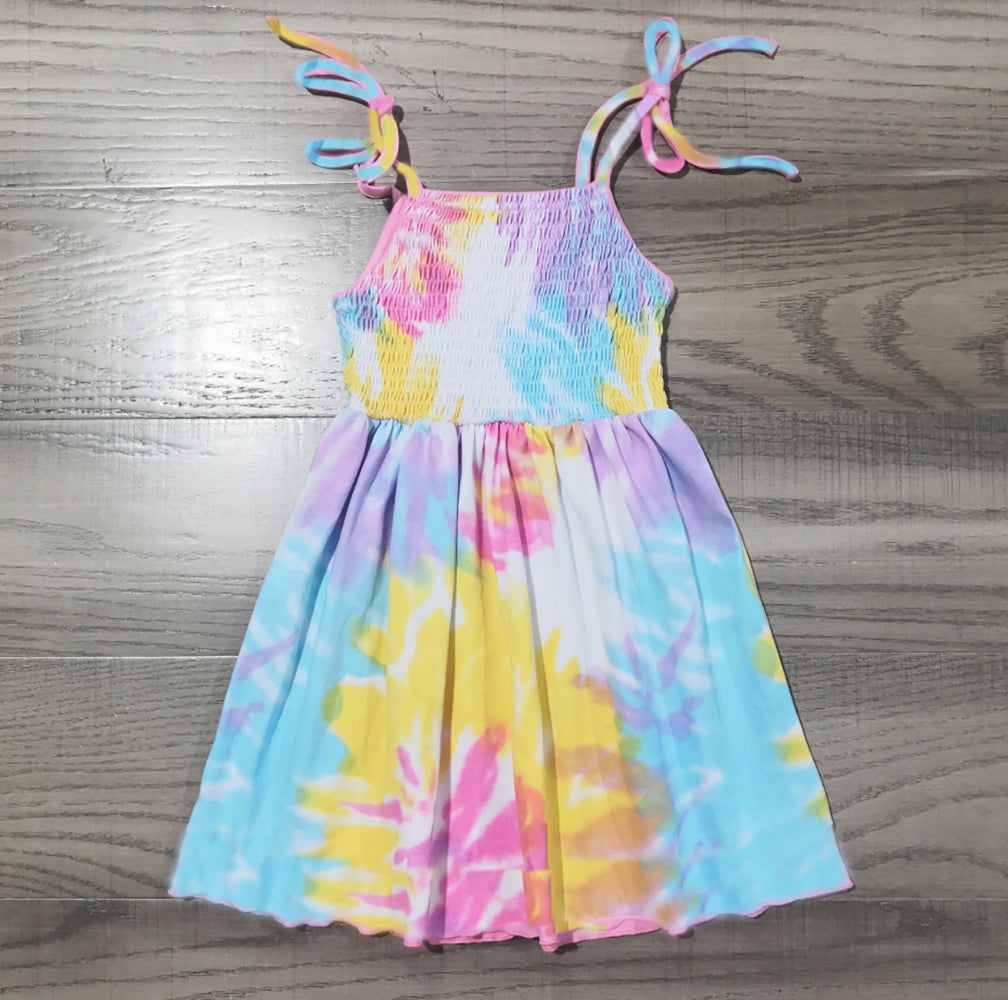 AnnLoren Big Little Girls Pastel Tie Dye Smocked Summer Swing Dress