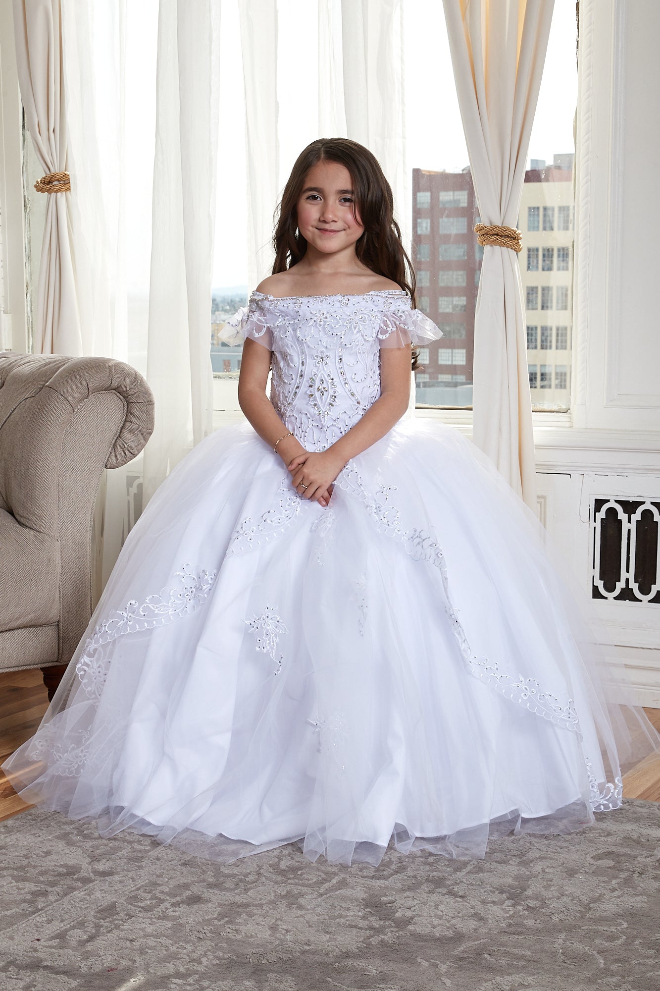 Calla Collection KY-216 cold-shoulder tulle ball gown with beaded lace embroidery