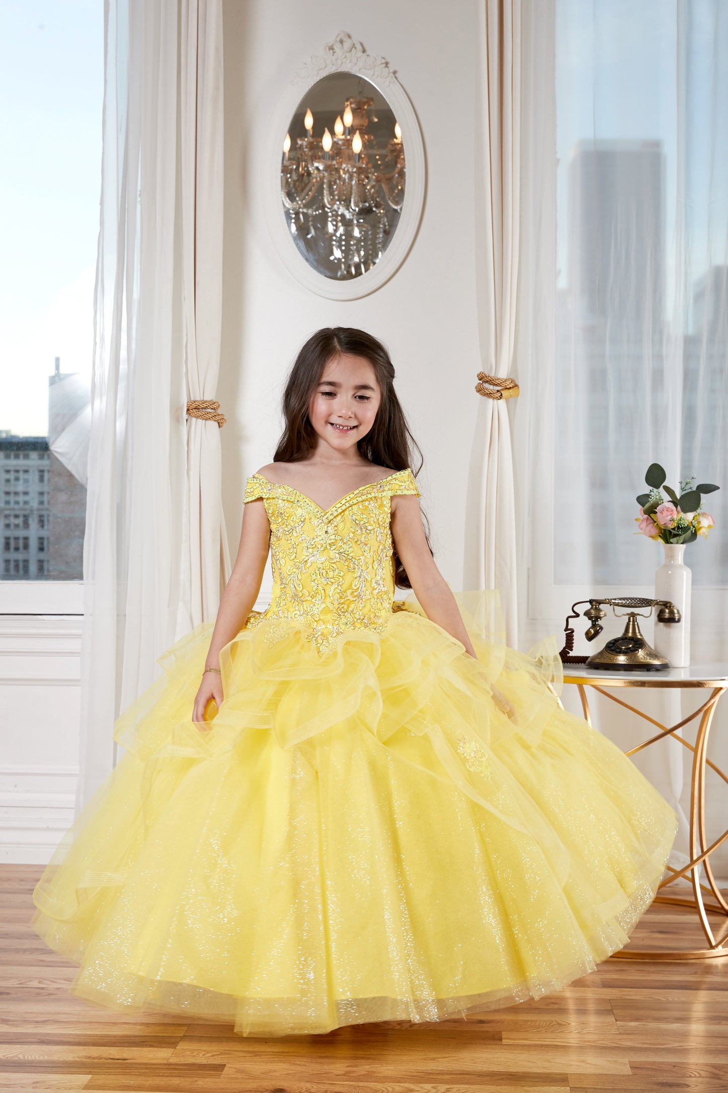 Calla Collection KY-223 voluminous princess style gown with wired horsehair trim