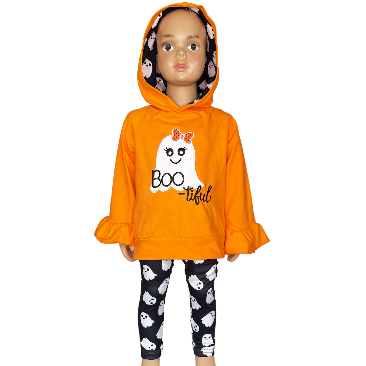 Girls Black & Orange Halloween Ghost Ruffle hoodie and Leggings Outfit