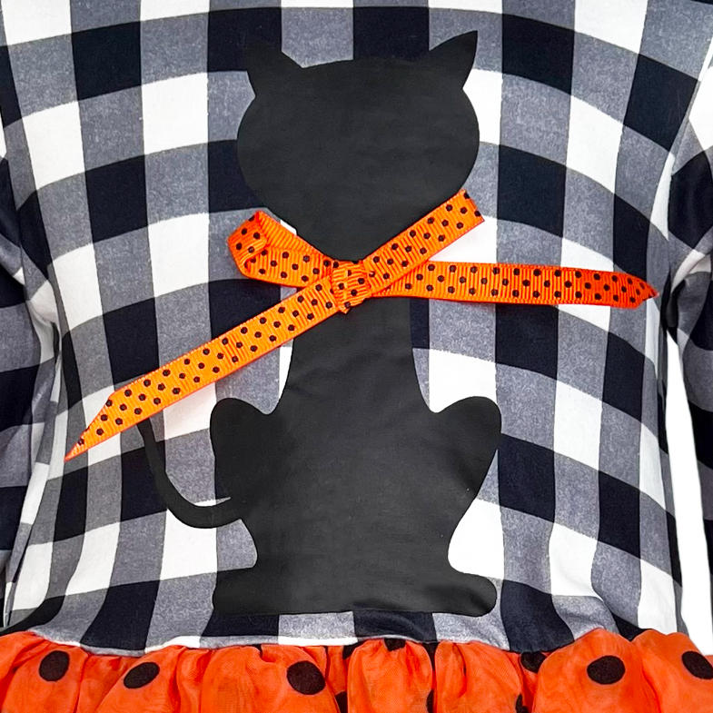 Girls Halloween Dress with Black Cat and Orange & Black Polka Dot Tulle